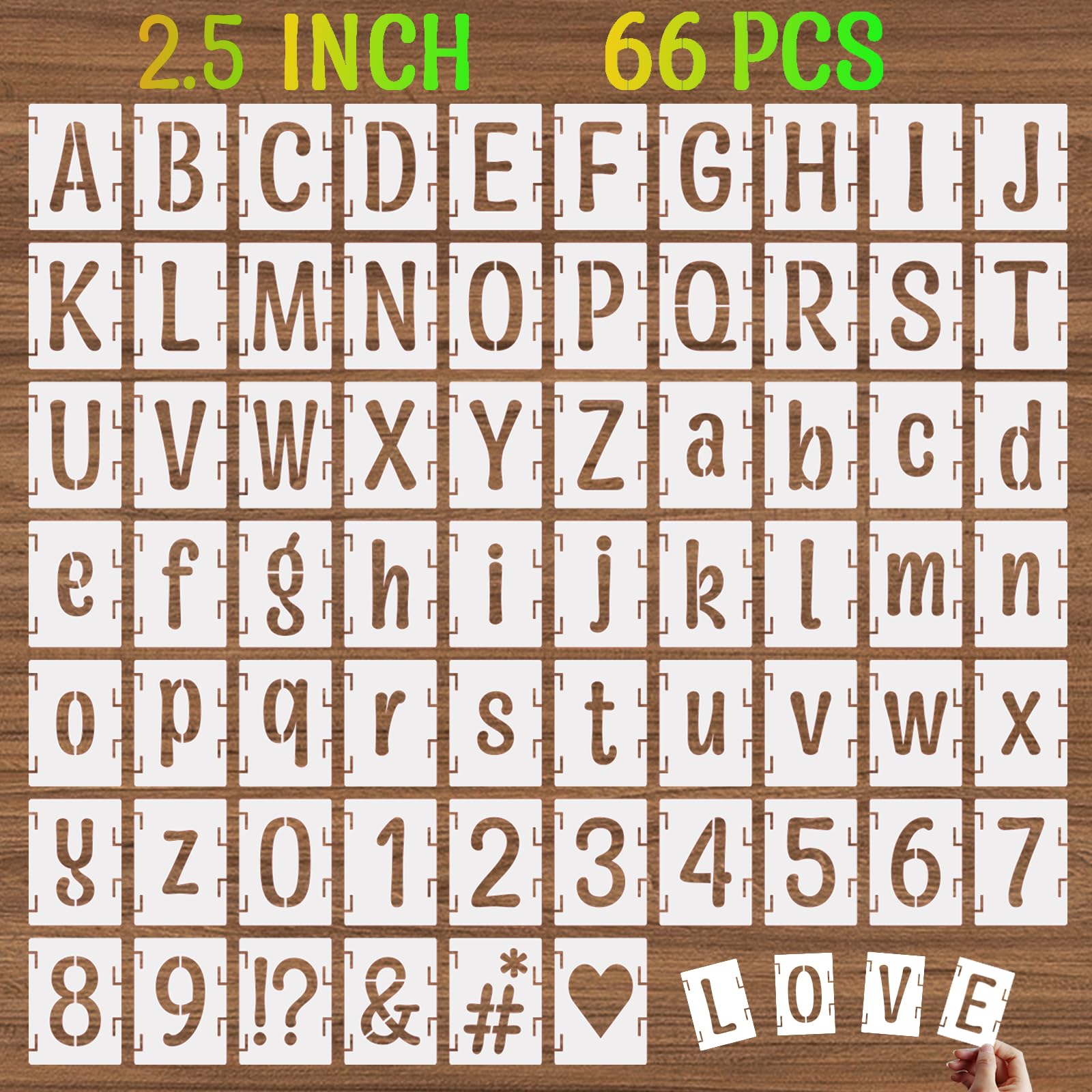 Plantillas de letras del alfabeto de 6.3 cm, 66 piezas de plástico reutilizables con símbolos de letras y números, kit de plantillas de dibujo entrelazadas para pintar en madera, pared, vidrio,