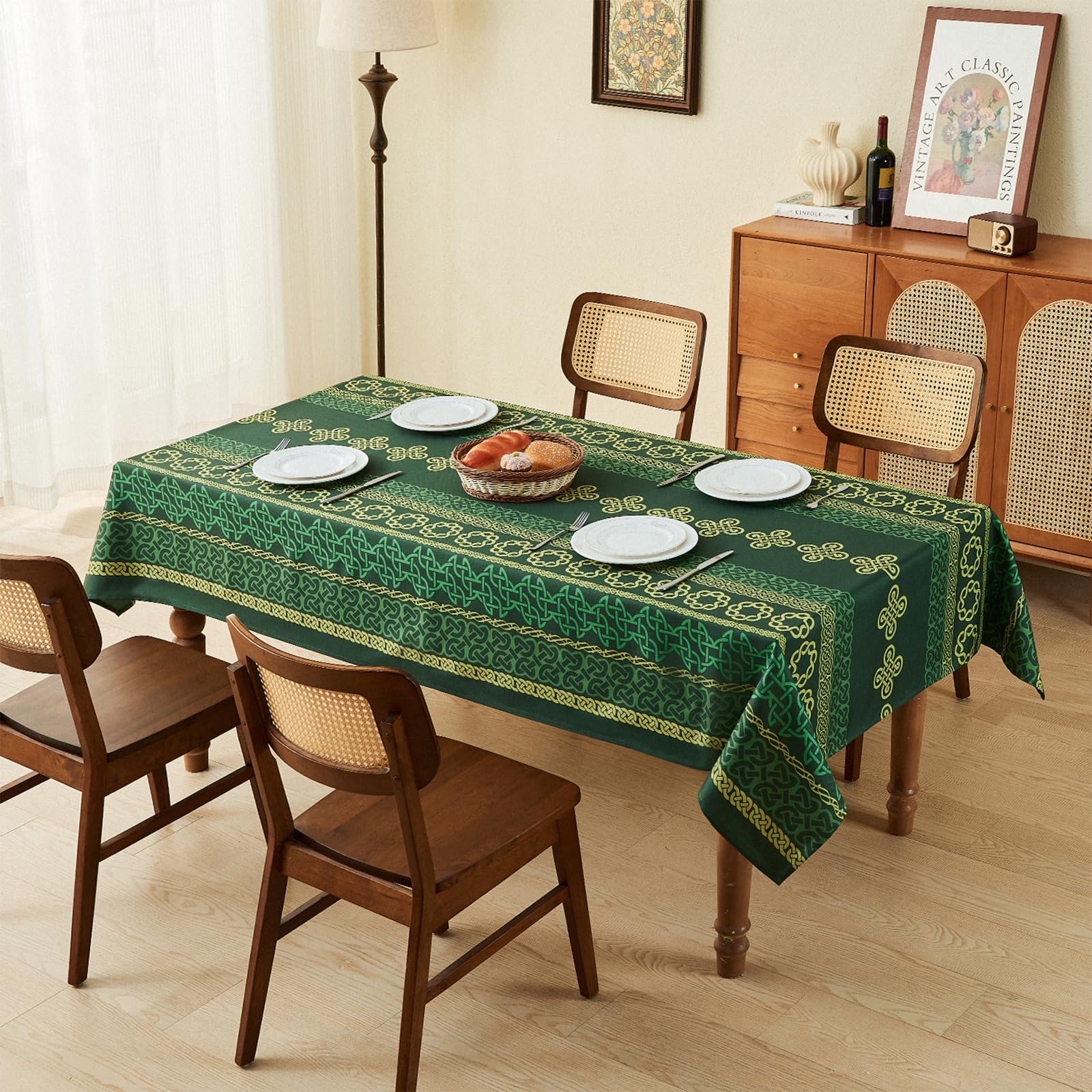 WAITER TREE Tovaglia rettangolare in lino con stampa a nodi, resistente all'acqua e alle pieghe, lavabile, decorativa, San Patrizio, festa di Natale, feste, verde, 140 × 180 cm