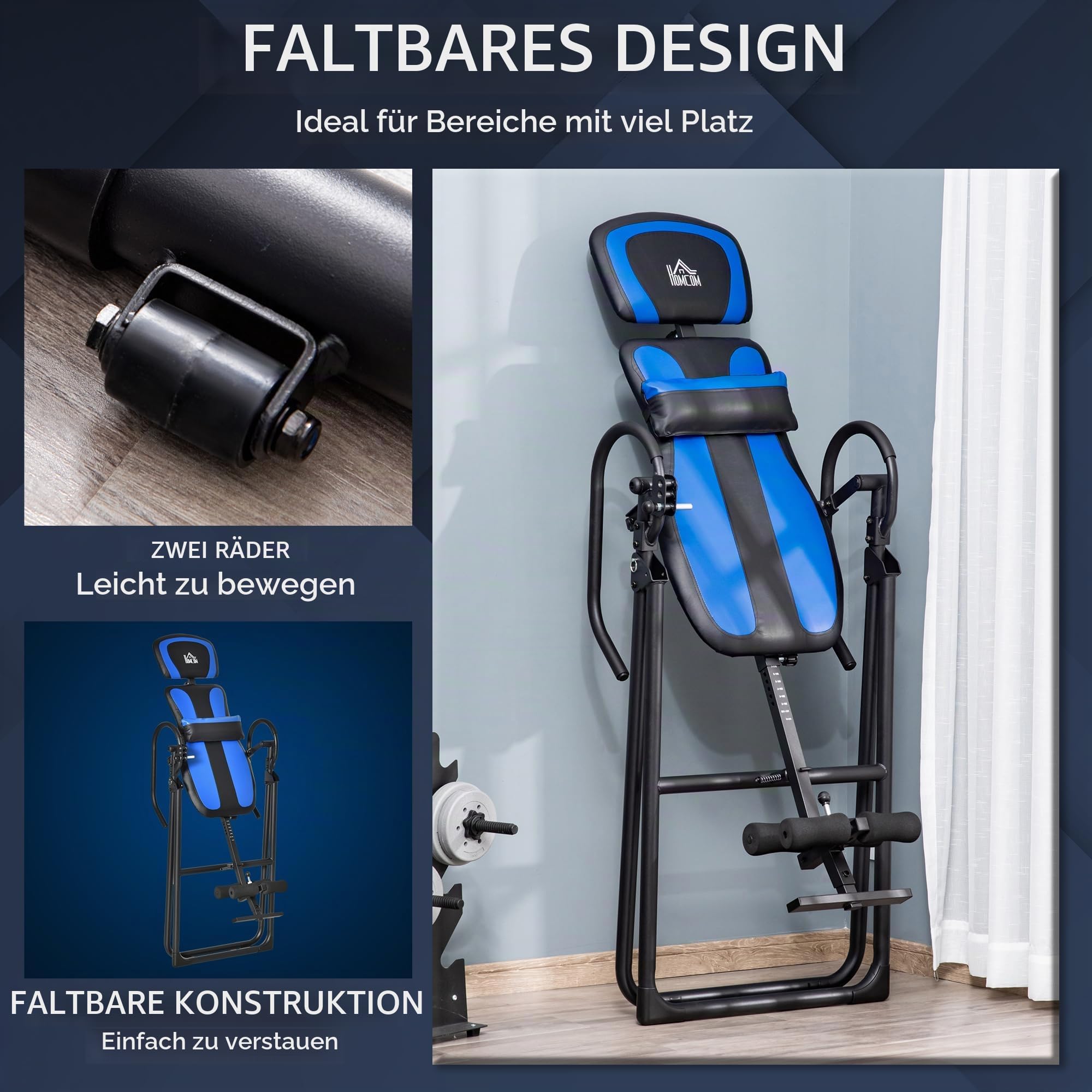 HOMCOM Inversionsbank Klappbarer Heimtrainer 132x71x145 cm Schwarz+Blau