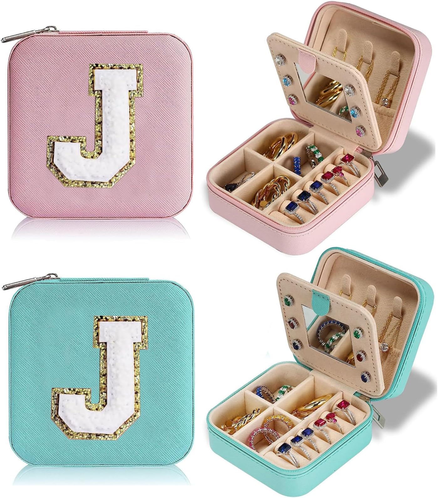 Qiveaory2Pcs Travel Jewelry Case for Women Girls,Portable Jewelry Box with Letters 2-Layer Jewelry Storage Mini Jewelry Case Travel Must Have Birthday Gifts for Women (J)