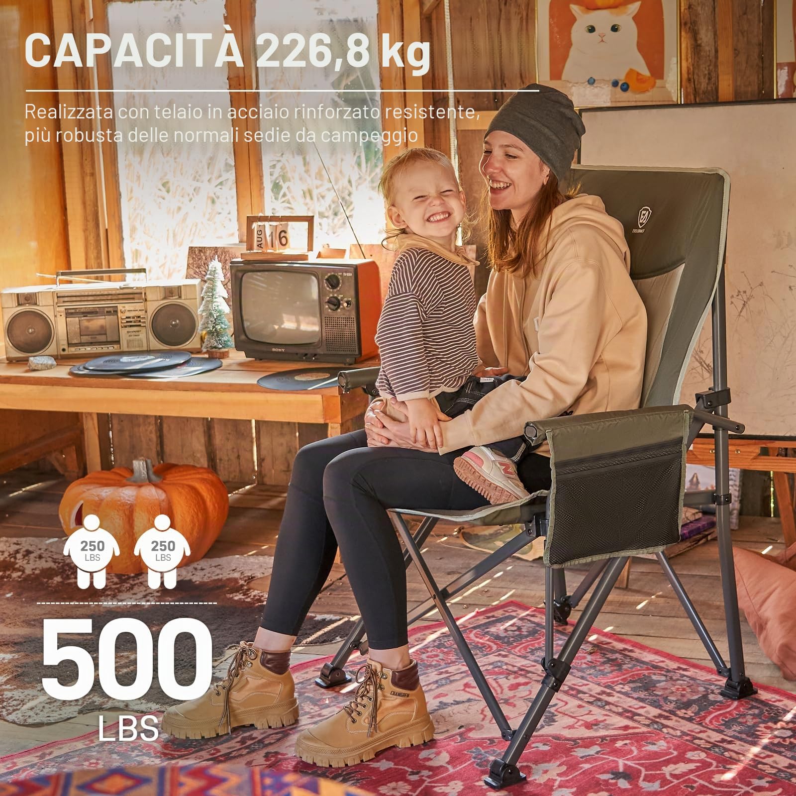 EVER ADVANCED Sedia da campeggio pieghevole, 230 kg, portata XL, 62 cm, larghezza della seduta con tasca laterale, supporto per bevande, sedia pieghevole per campeggio, esterni, balcone, giardino