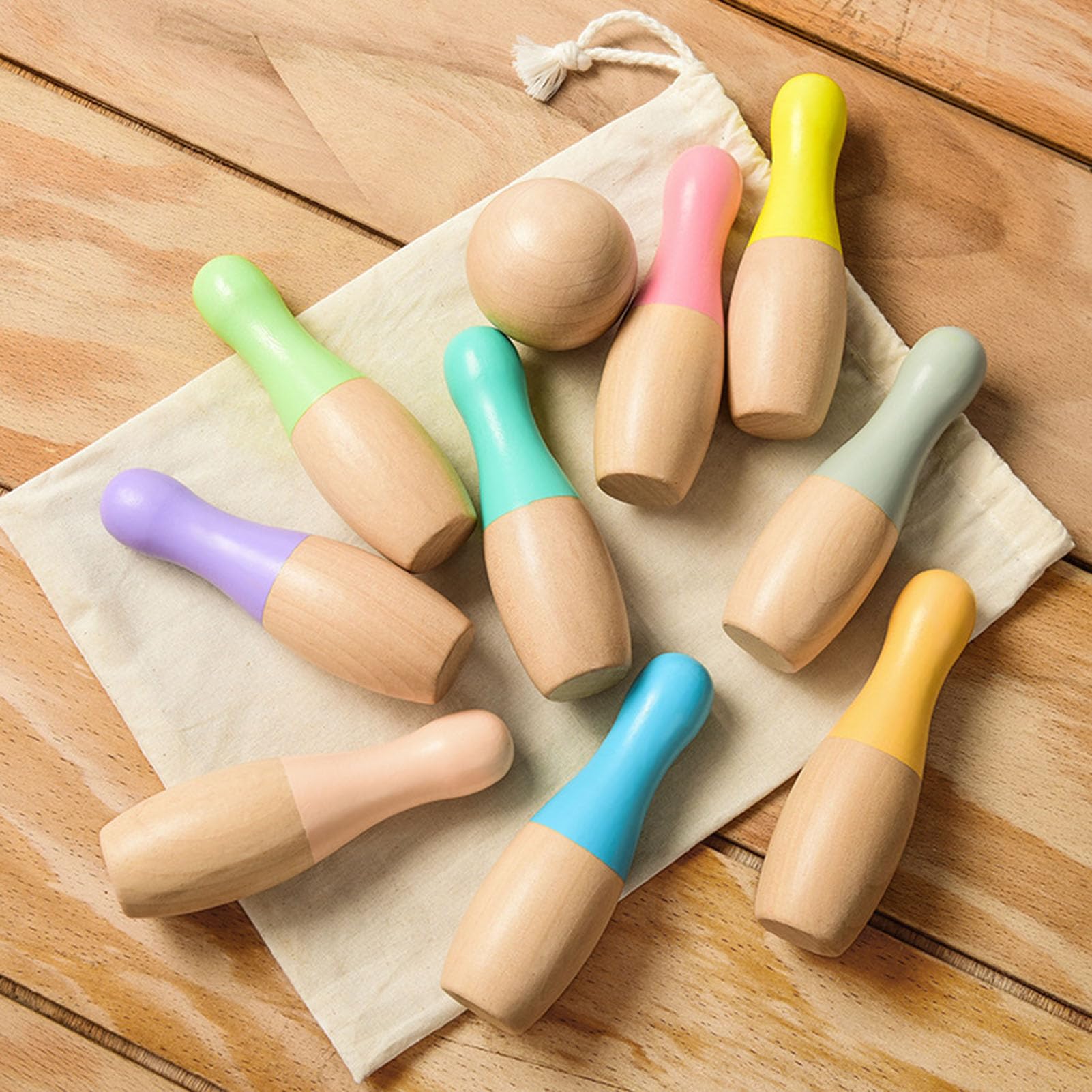 Holz-Kinder-Bowling-Set, Indoor- und Outdoor-Kegelspiel mit bunten Pins und Bällen