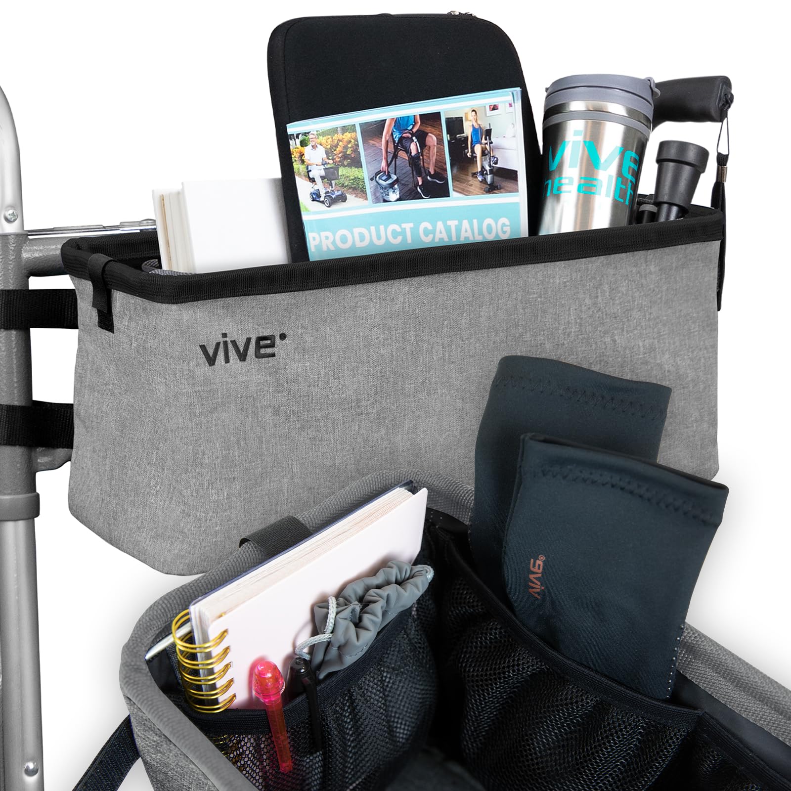 Vive Walker Basket Accessories Bag - for Folding Walker with Water Cup Holder & Pockets - Universal Large Capacity Storage Container for Seniors, Elderly - Storage Mobility Aid Accessory Pouch (Gray)