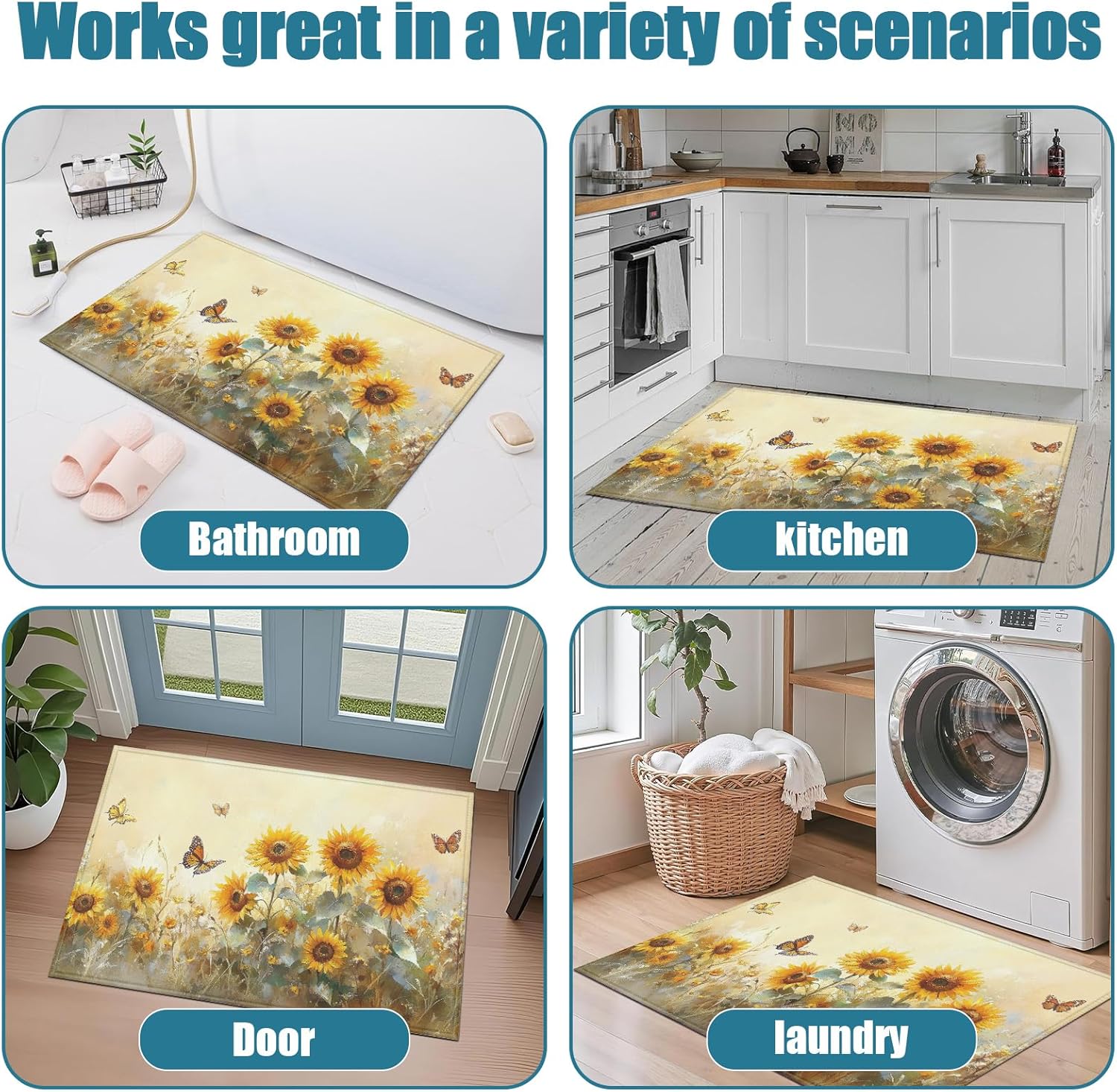 Bright Sunflower Indoor Door Mat, Butterfly Outdoor Entrance Doormat for Entryway Kitchen Bathroom 17 X 29 Inch