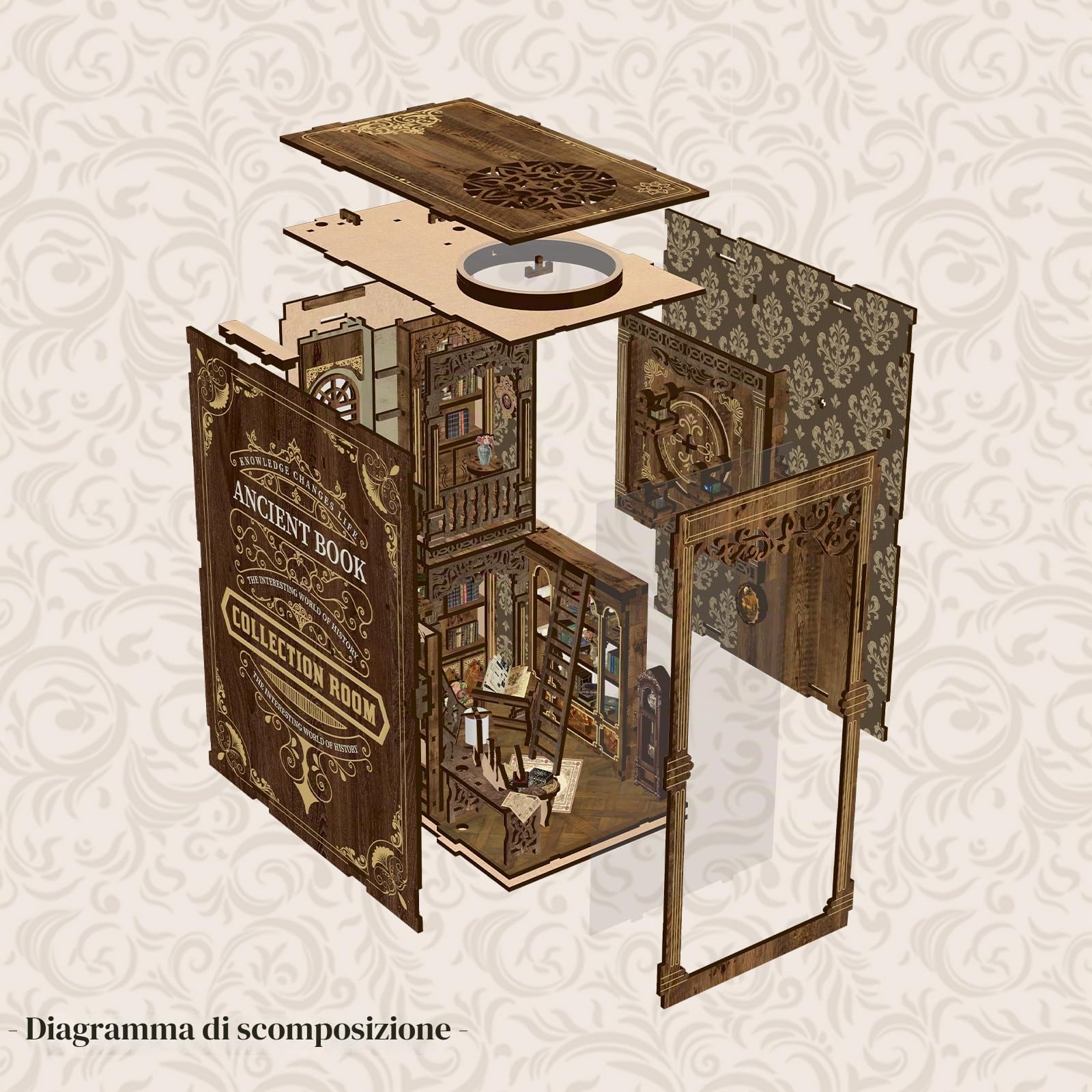 Book Nook Kit, Miniatura Sala Collezione Libri Antichi, puzzle in legno 3D fai da te con LED, set fai da te per adulti e ragazzi, Idea Regalo Creativa,decorazione per libreria