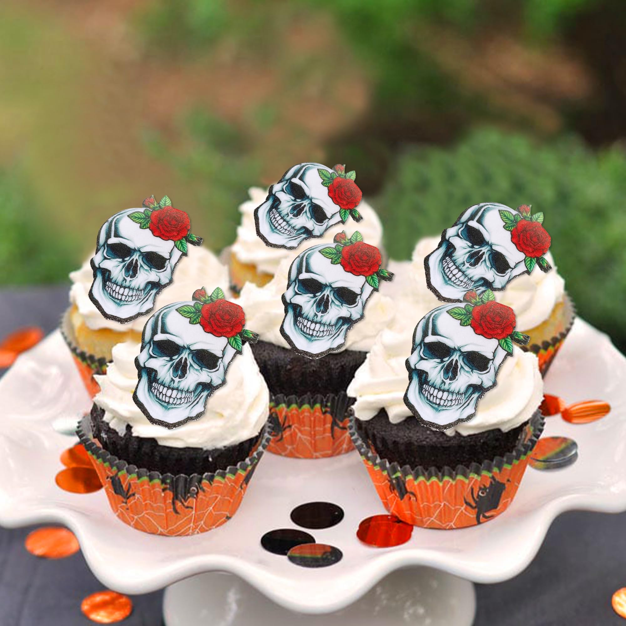 Dekora Halloween Cake Toppers Tête De Mort,16 Décorations Halloween En Papier Pour Cupcakes, Gâteaux & Muffins, 8 Motifs Crâne Mexicain | 9x4,5 Cm