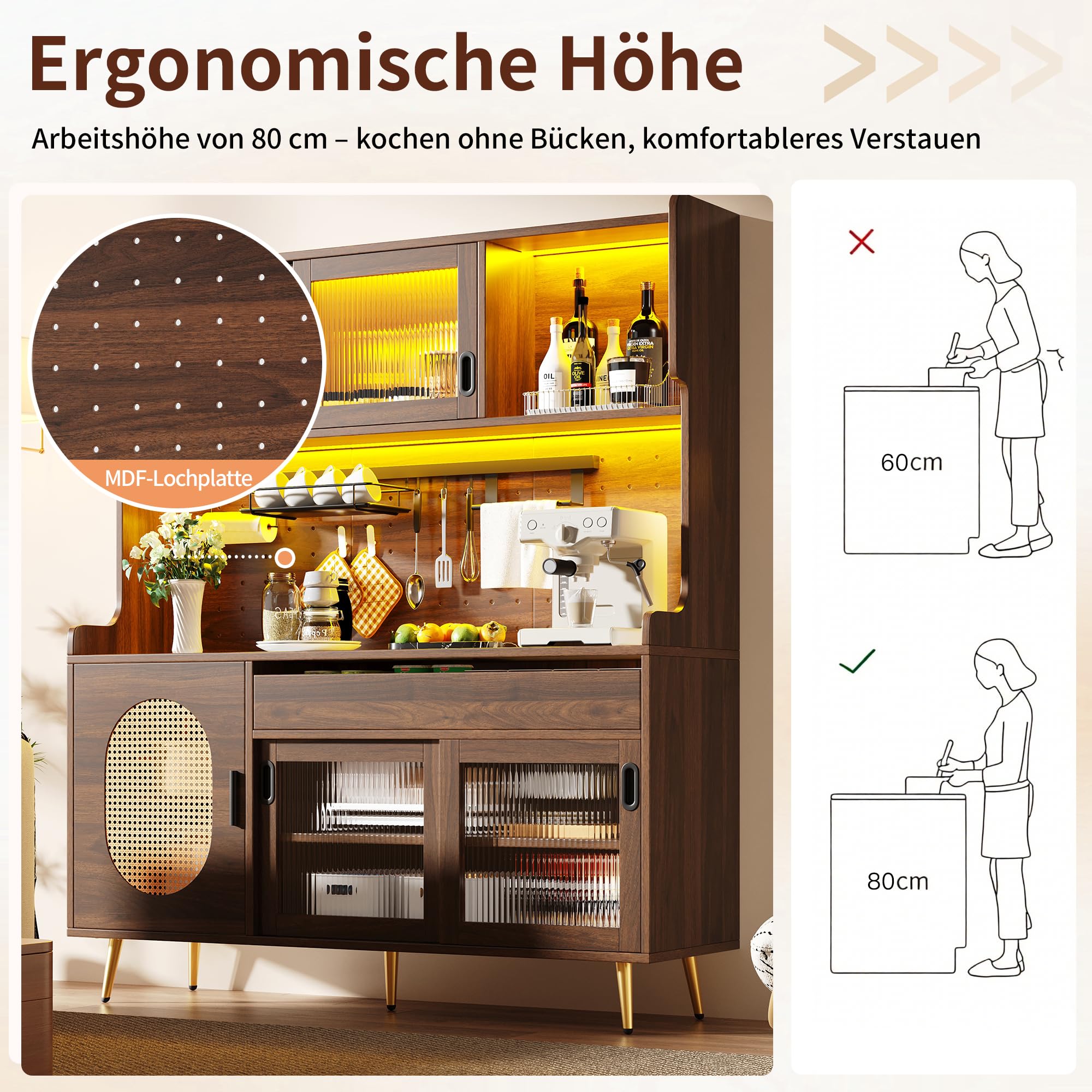 Armadio da cucina con LED e porta in vetro, stile rustico, credenza per cucina con piani di lavoro, porta scorrevole, grandi cassetti, ante in rattan, parete forata, armadio alto, 145 x 39 x 171 cm