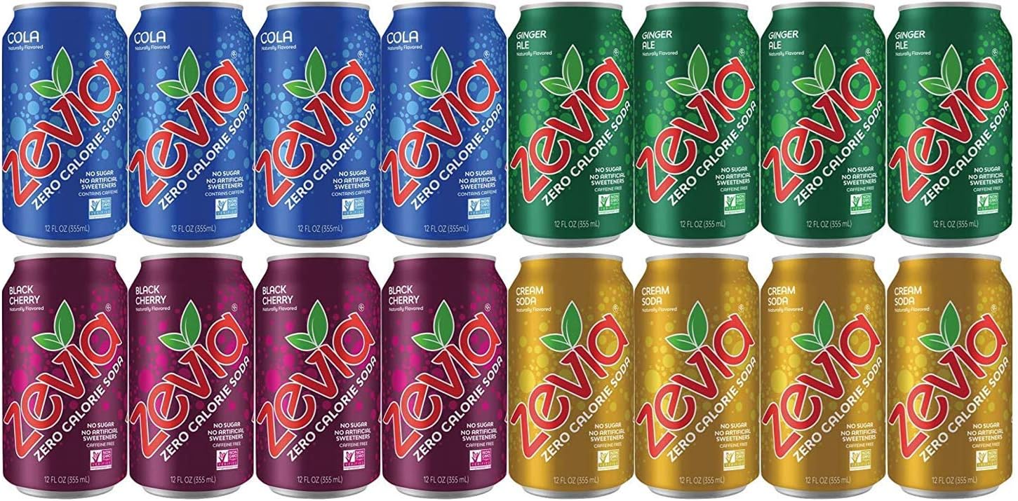 16 Pack of Zevia Soda Zero Calorie Drinks, Cream Soda, Cola, Black Cherry, Ginger Ale, Stevia Infused Sugar Free Keto Drink Cans, Organic Mini Fridge Restock Set