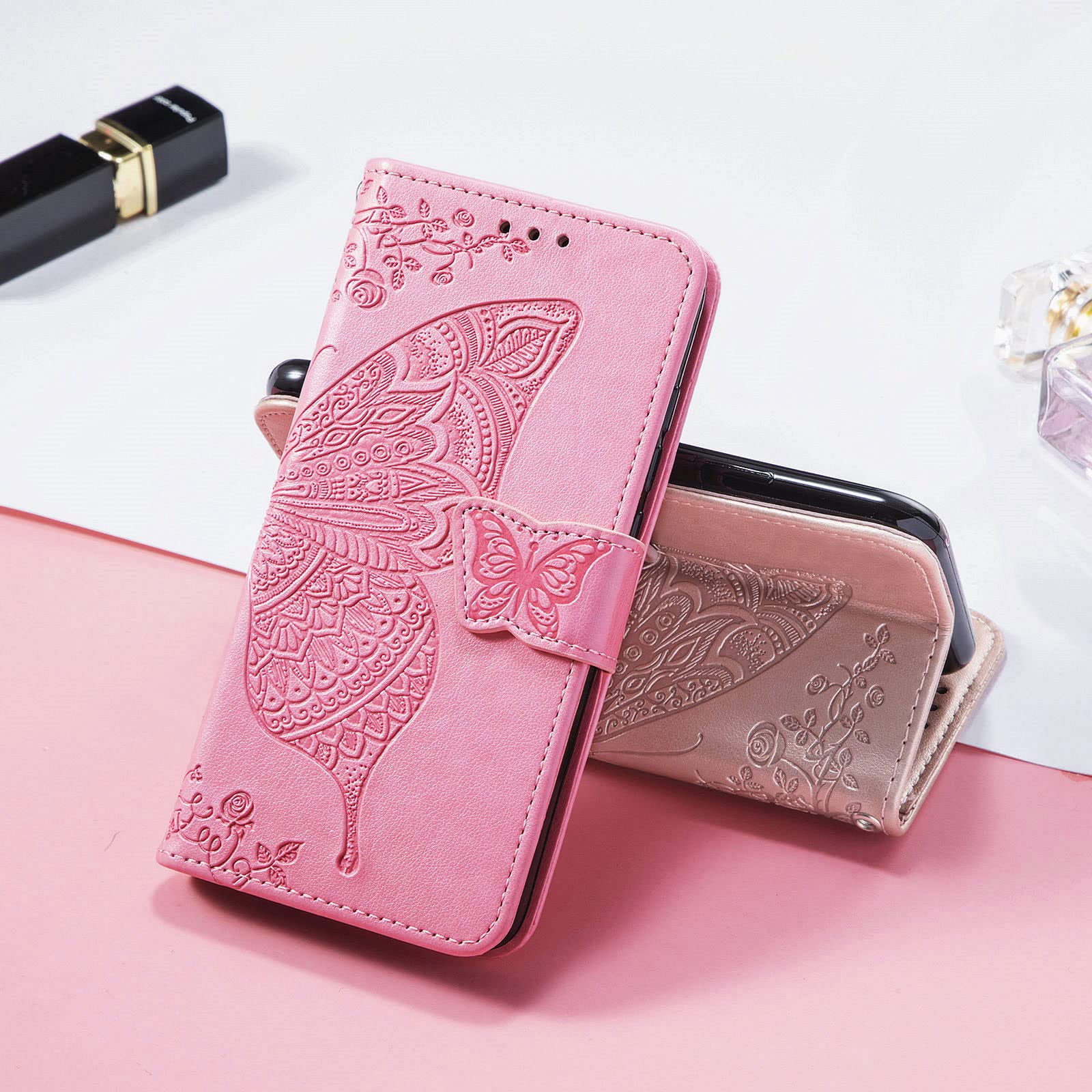 Etui na iPhone 14/14 Pro/14 Plus/14 Pro Max, autentyczna skórzana okładka portfelowa z wewnętrzną otoczką TPU, przegródka na karty, smukły pasek ochronny do flipowania, różowy, 14 Plus 6,7''