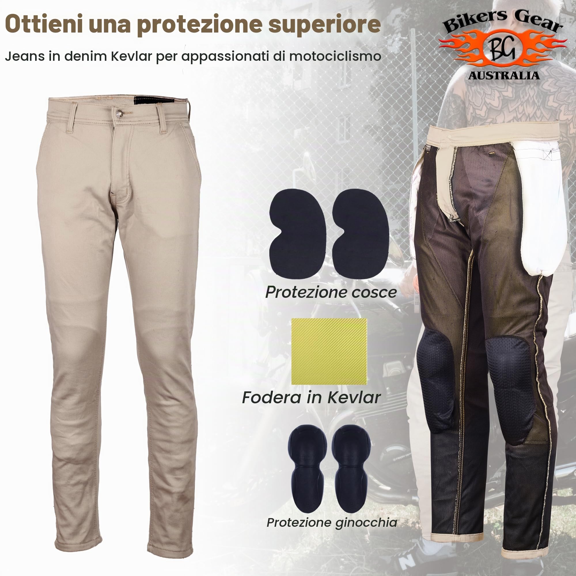 Bikers Gear Australia New Modern Chino Style Kevlar Foderato Jeans Moto Protettivi con CE 1621-1 Protezione