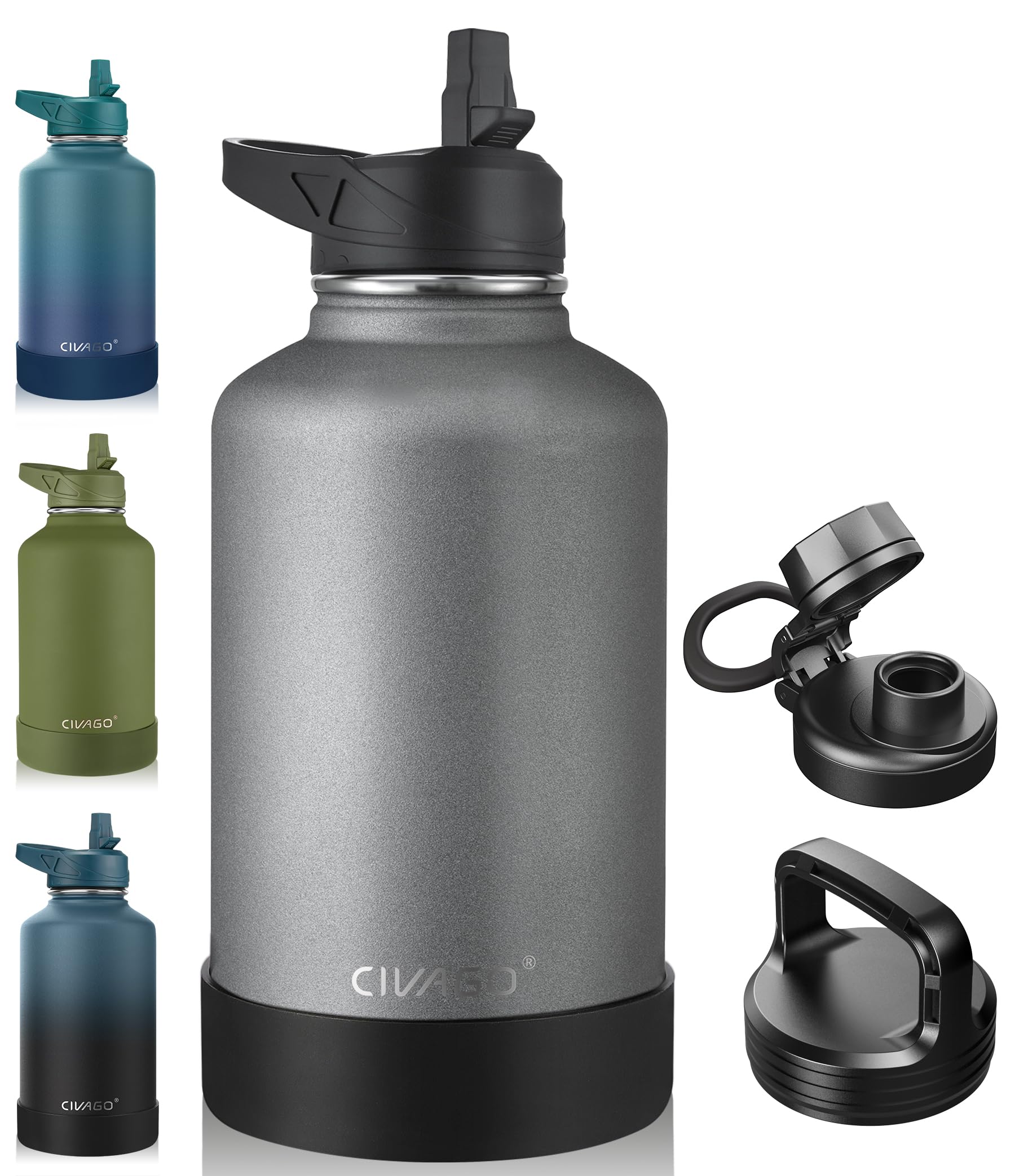 CIVAGO Isolierte Wasserflasche mit Strohhalm, 1,8 l, Edelstahl, Sport-Wasserflasche mit 3 Deckeln (Strohhalm, Ausguss und Griffdeckel), großer Metall-Thermobecher, kühles Grau
