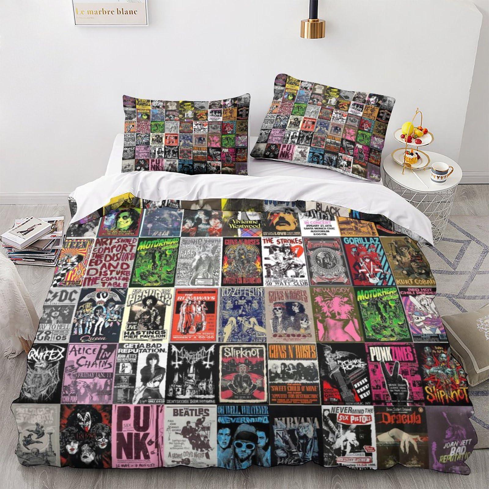 Prima il rock Set Copripiumino in Microfibra Morbida 3 Pezzi,Stampa 3D Motivo,Musica punk rock Copripiumino in Microfibra E Federe Cuscino,Chiusura Cerniera Per Ragazzi E Ragazze Double（200x200cm）