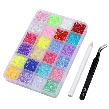 24 Grid Storage Box Resin Jelly Rhinestone Bedazzling kit with Tweezers and Pickup Pen, Mixed Color Non Hotfix Crystal Gems for Nail Art Clothing Shoes Mugs Eyewear and Handicraft DIY Decoration : Amazon.in: Home & Kitchen