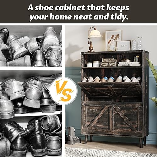 Miniatura 81 de Zapatero con 2 cajones abatibles y almacenamiento abierto, armario de almacenamiento de zapatos de granja para entrada, estante organizador estrecho