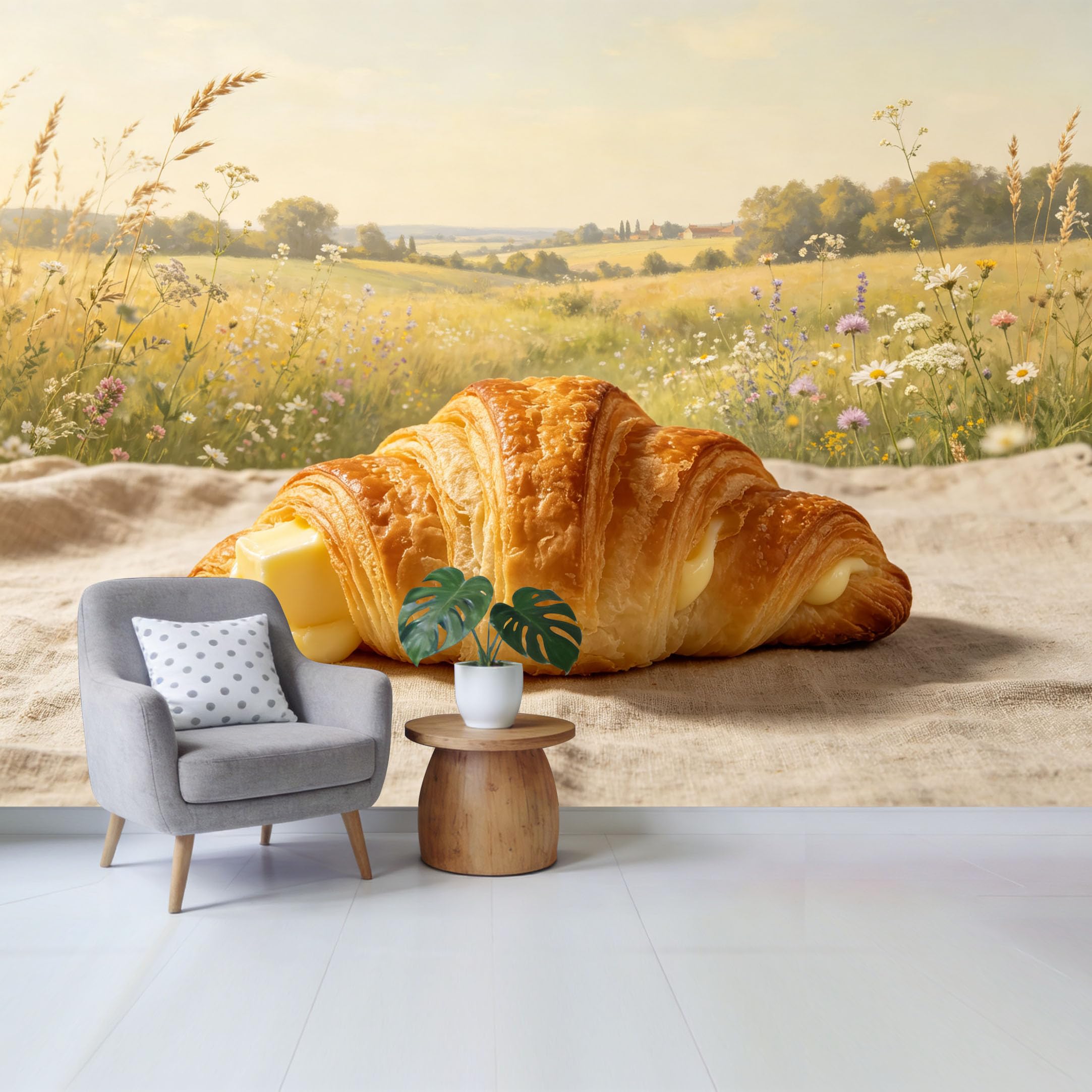 Qzlithotic Yq2605250848 Custom Size Wall Mural Golden Butter Croissant French Pastry Farmhouse Landscape Oil Painting Style Selfadhesive Wall Fabric Removable Wallpaper For Home Office Decor