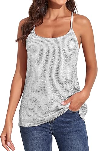 PrettyGuide Camiseta de tirantes brillantes con lentejuelas para mujer, camiseta sin mangas brillante, Metálico