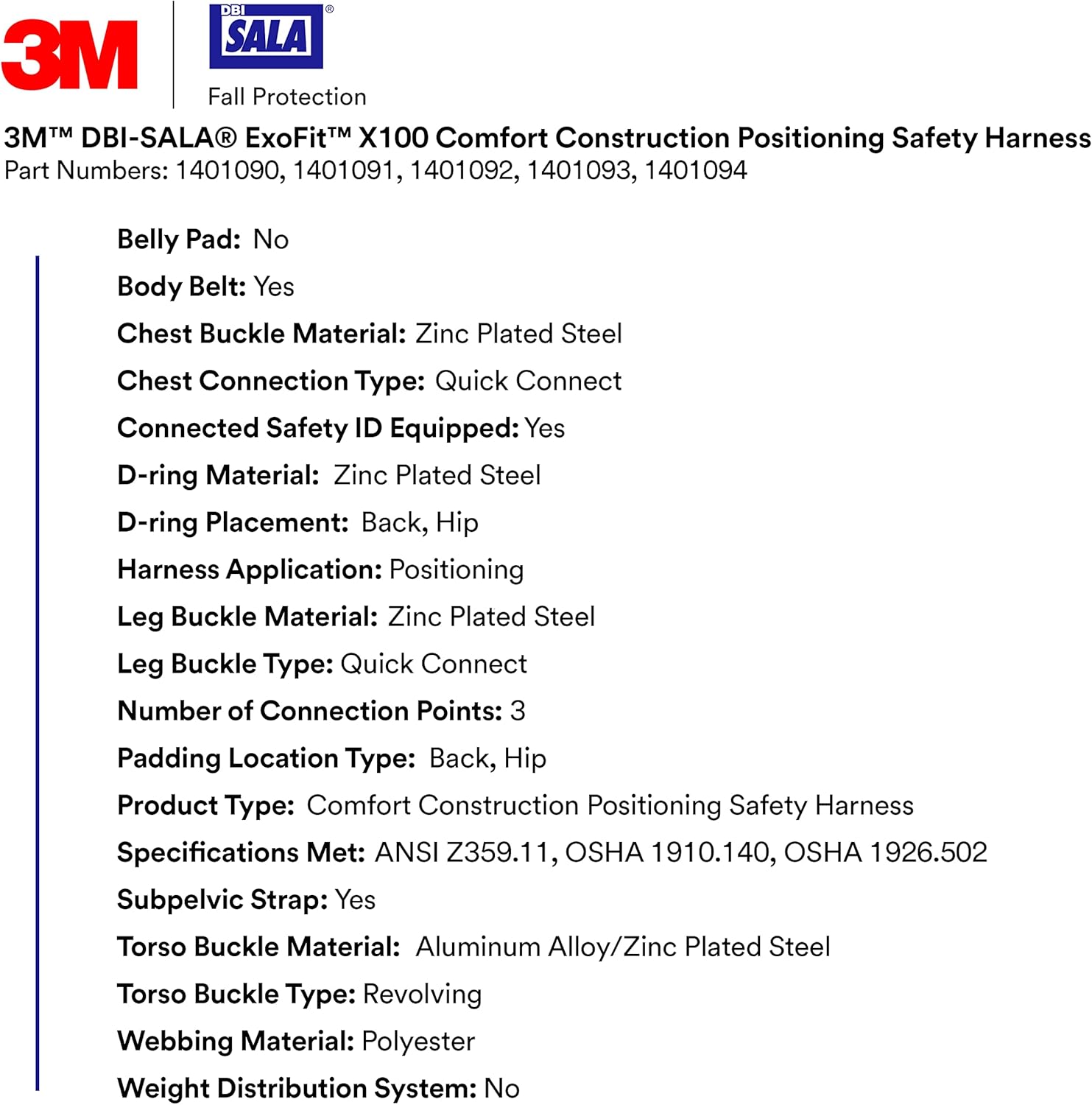 3M DBI-SalaExoFit X100 Comfort Construction Positioning Safety Harness, OSHA, ANSI, 3 D-Ring Connections, Quick Connect Chest and Leg Buckles, 1401091, Medium