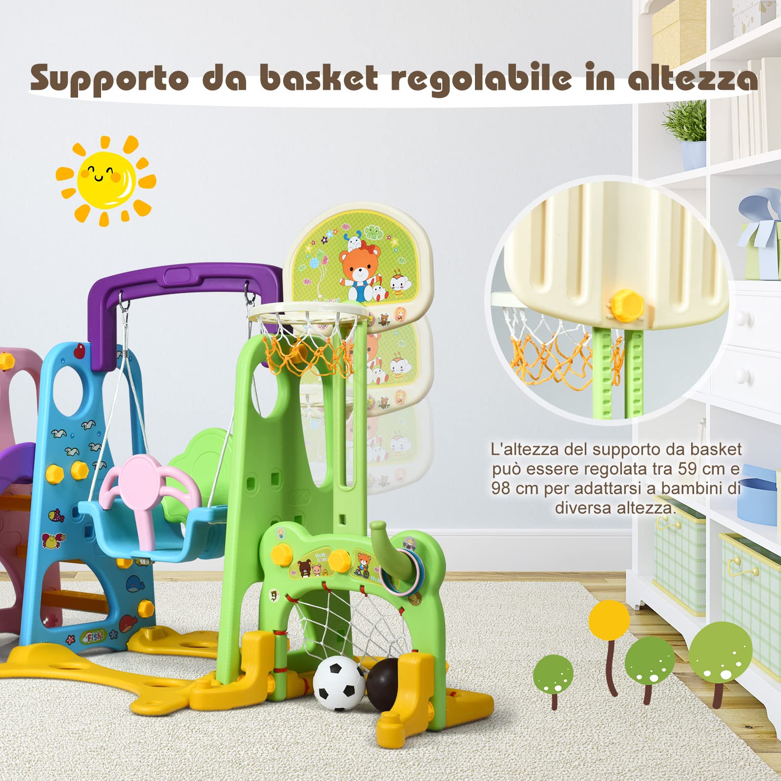 RELAX4LIFE 6 en 1 Tobogán Infantil para Niños, Parque Infantil con Tobogán, Columpio y Canasta Baloncesto, Juego de Toboganes para Niños 18 Meses-5 Años, Casitas Infantiles Interior (Púrpura+Verde)