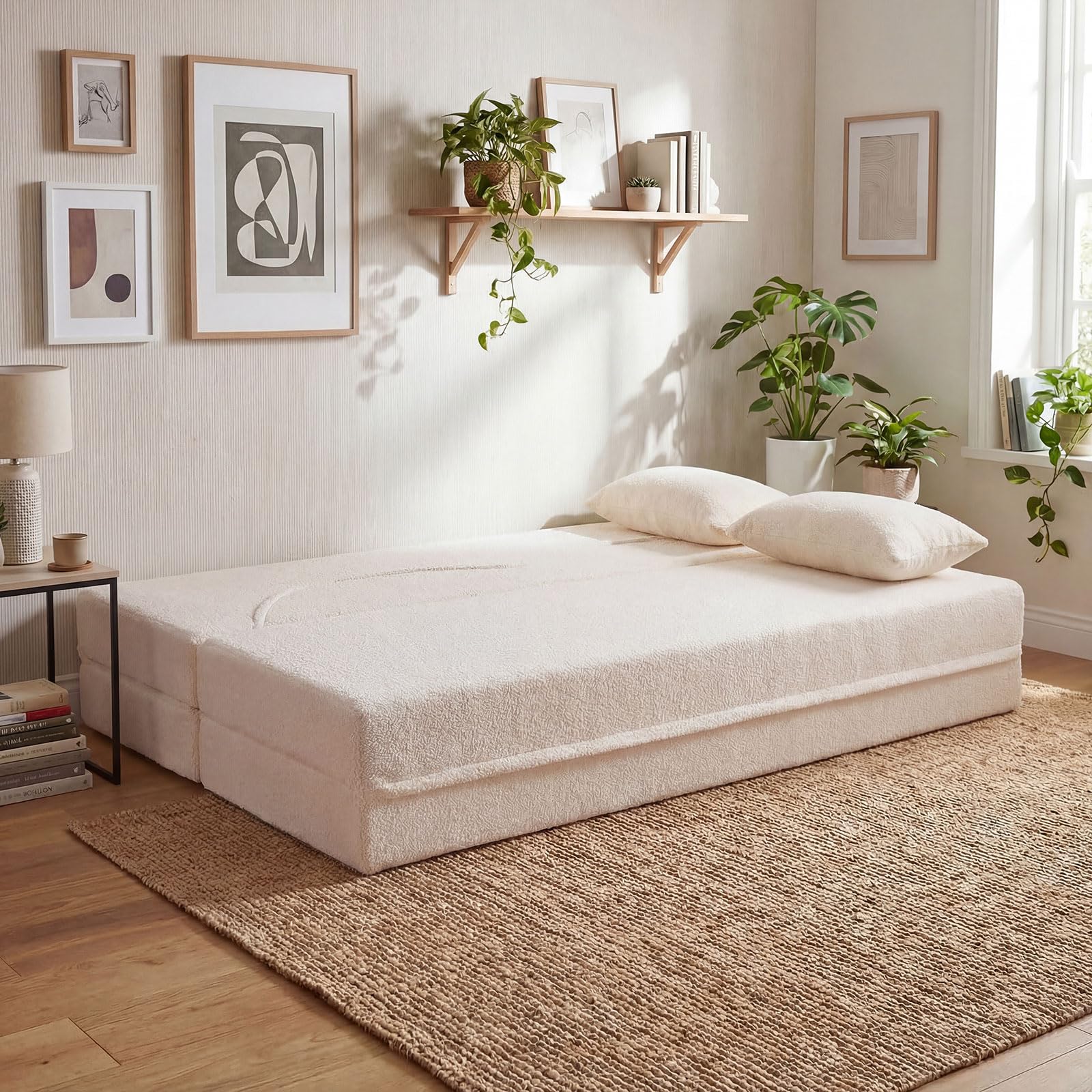 COSTWAY Sofá Cama de 2 Plazas, 192,5 cm, Sofá Convertible en Cama 2 en 1 de Tela de Polar Teddy con 2 Almohadas, sin Montaje, Sofa Comprimido de 2 Plazas sin Marco para Salón Cuarto Invitados (Blanco)