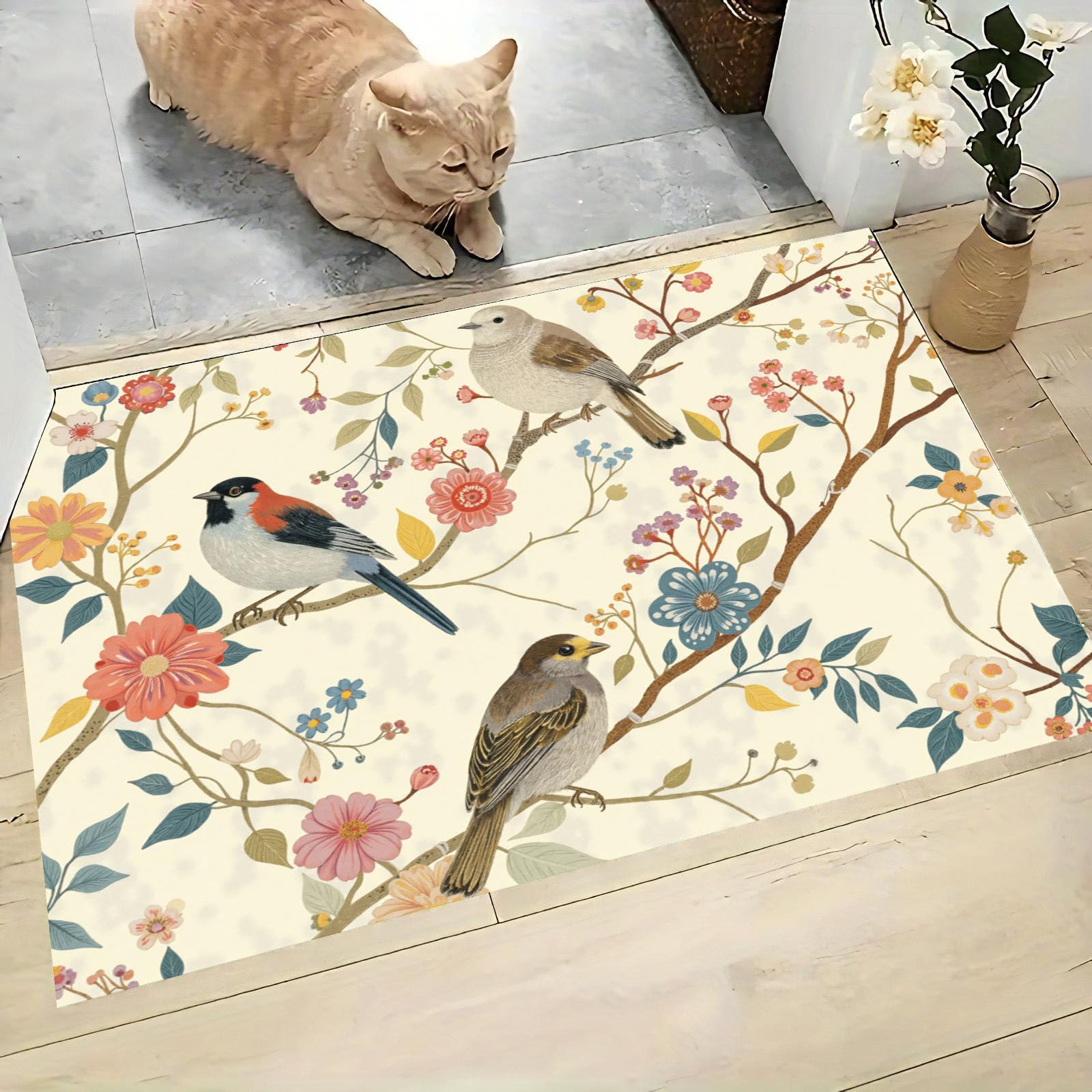 Tapis d'entrée antidérapant et absorbant lavable pour cuisine et couloir motif oiseaux 45x75
