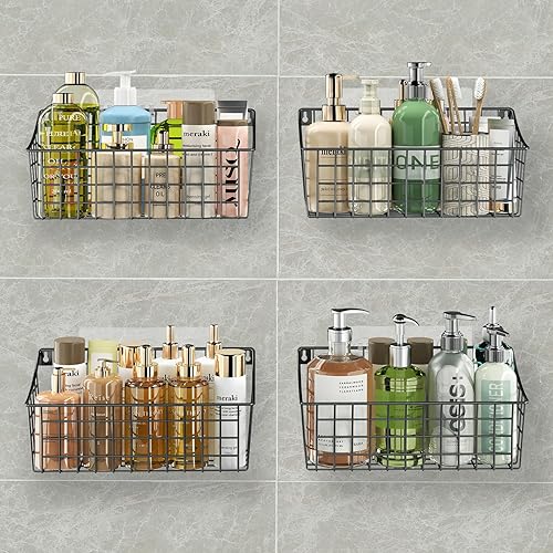 Miniatura 2 de Paquete de 2 cestas colgantes de pared para organizar cestas grandes de pared de alambre con 5 ganchos en forma de S + 2 ganchos adhesivos fuertes,