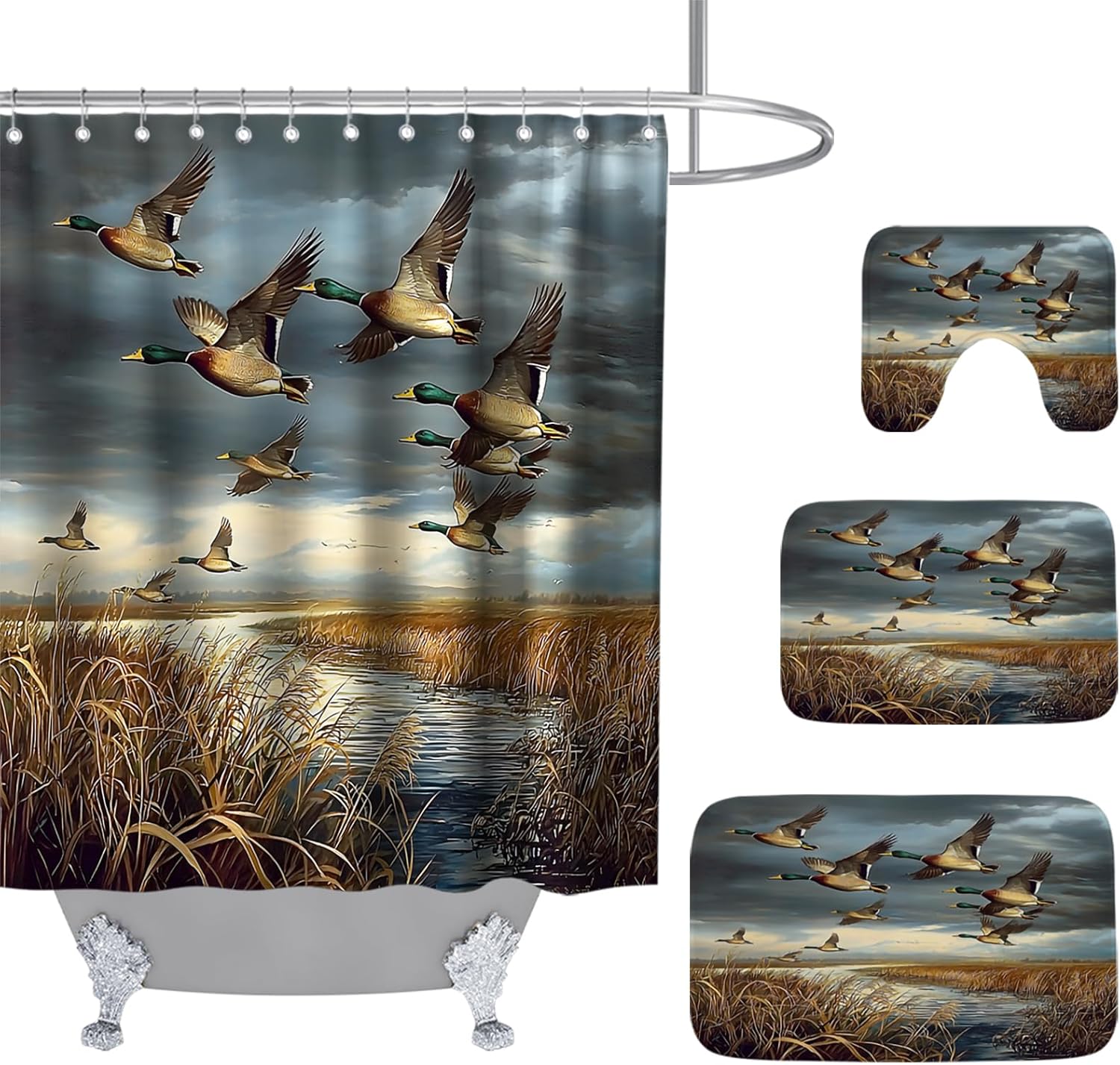 Rustic Wild Ducks Hunting FlyingBathroom Sets with Shower Curtain and 20 x 31 Rugs Bathroom Accessories Sets Decor with Bath Rug, Bath Mat, U-Shaped Contour and Hooks 72 x 72 Inch Brown and Teal Blue Wild Ducks