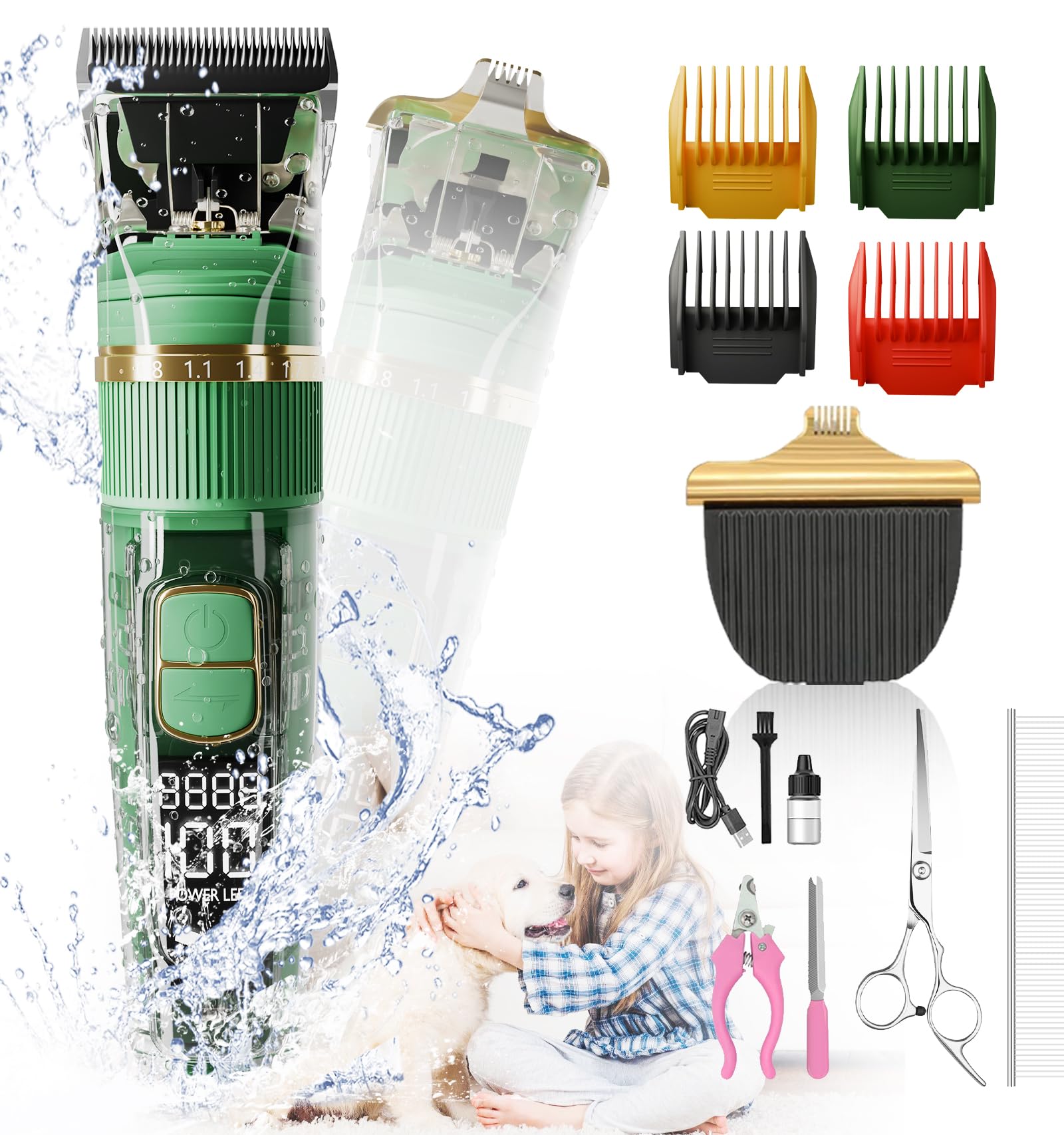 Blanlody Maquina Cortar pelo Perros Gatos Patas de Perro 60dB Silencioso IPX7 Impermeable Maquina Cortar pelo Perros Profesional, Pelo largo y Grueso Enrollado