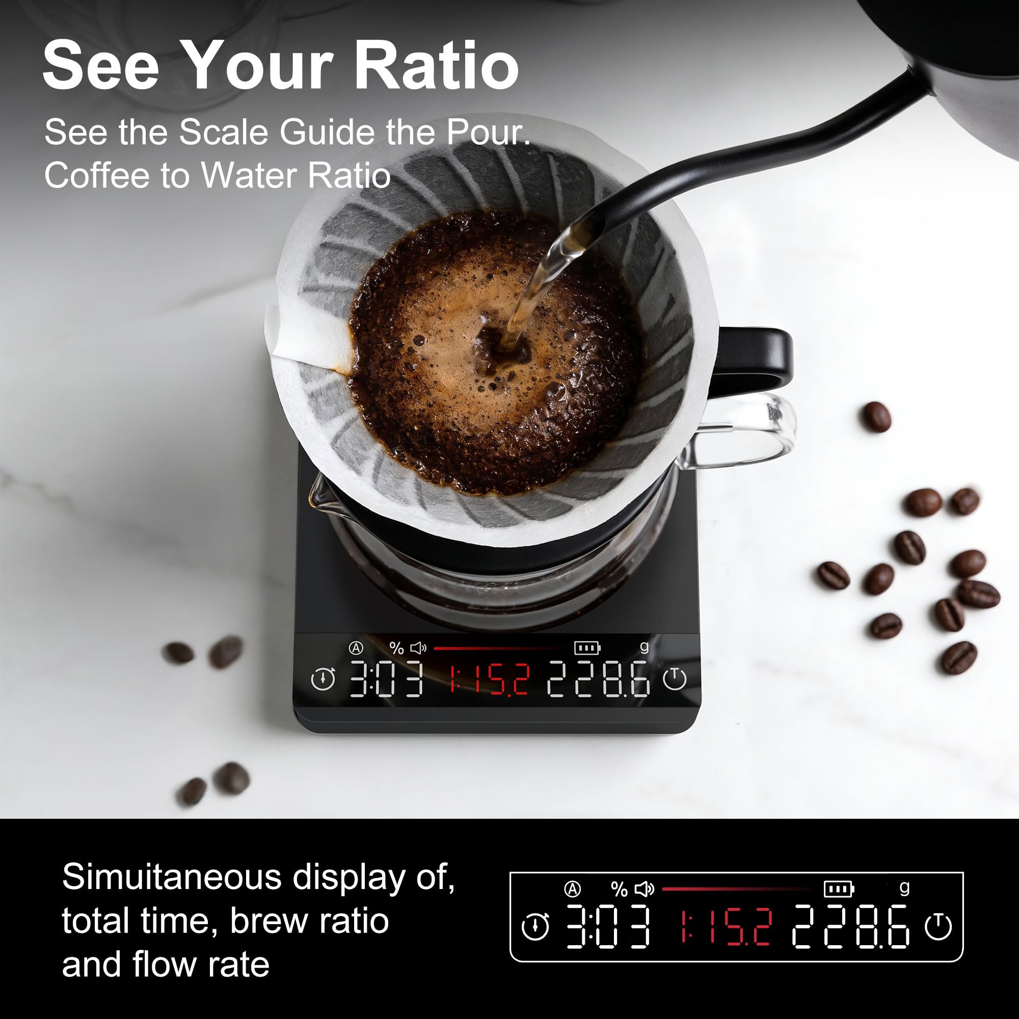 Báscula de café, mini báscula de espresso con temporizador, báscula de cocina de metal con sincronización automática, proporciones y visualización de caudal, grado barista para verter, espresso