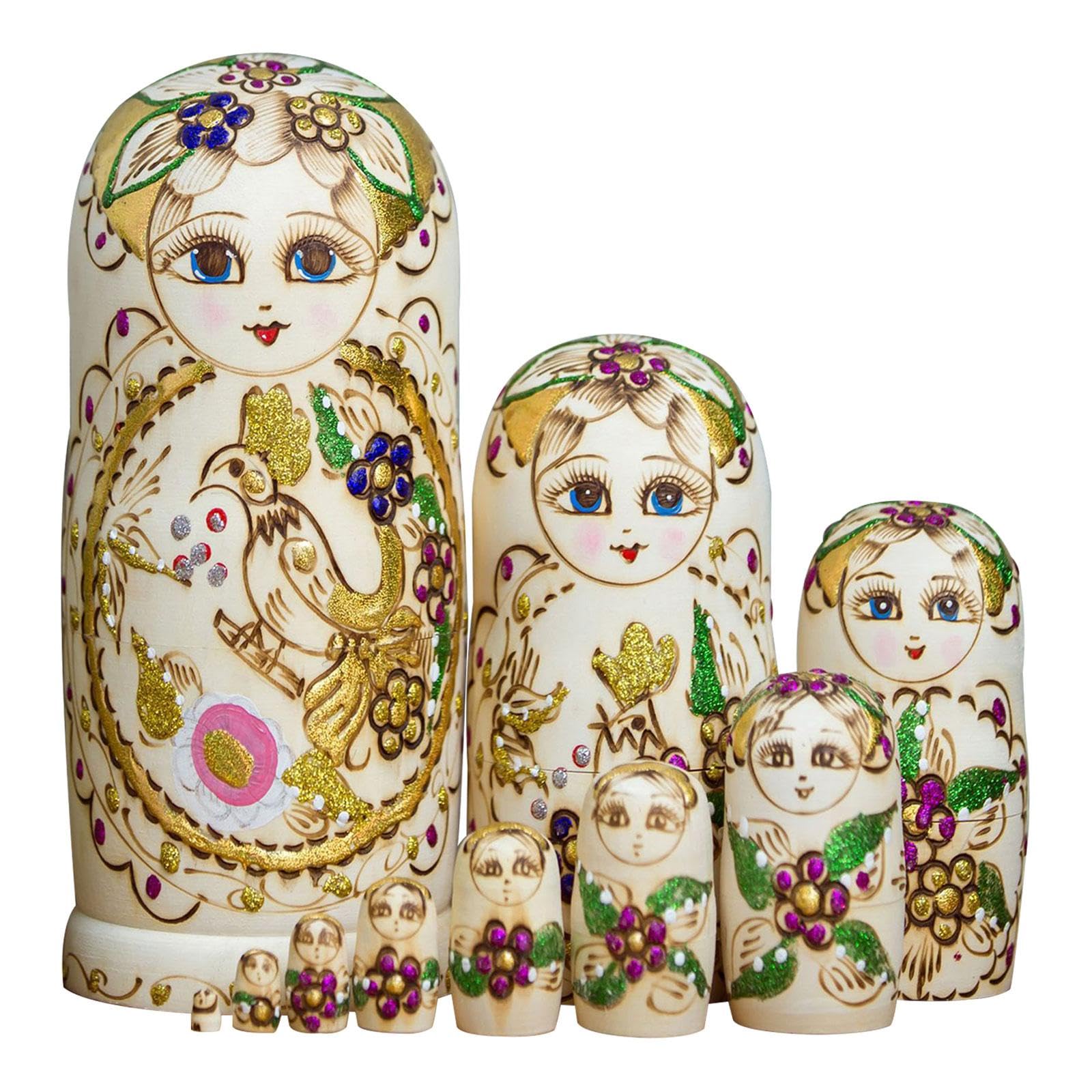 Kokiya 10 Pieces Russian Dolls Stacking Doll Set, Traditional Educational Toy, Wood Matryoshka Doll for Kids, Adults Wishing Gift