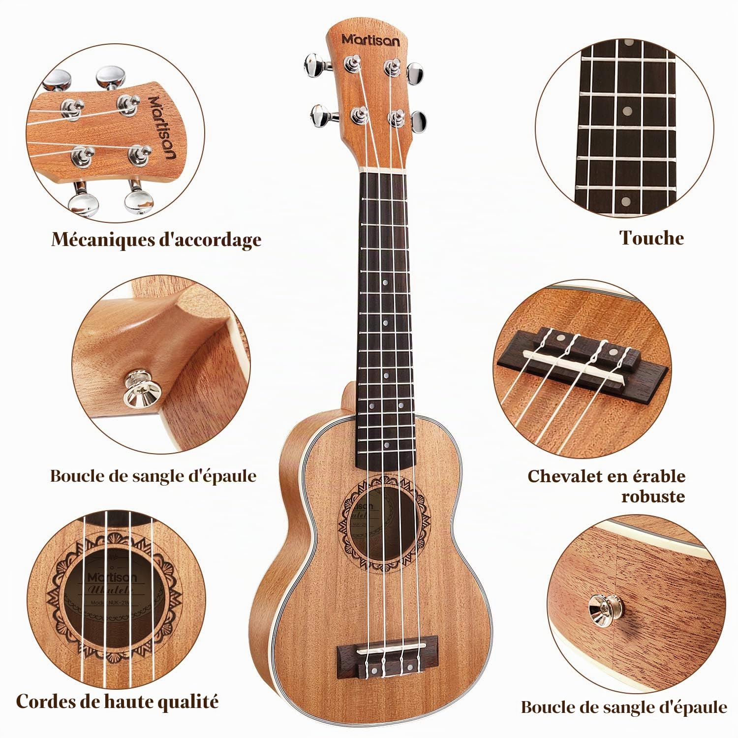 MARTISAN Ukulélé Soprano Kit Hawaïen Débutants 21 pouces Ukulele Aquila Cordes avec Housse, supplémentaire Cordes, Accordeur, Sangle, Médiators