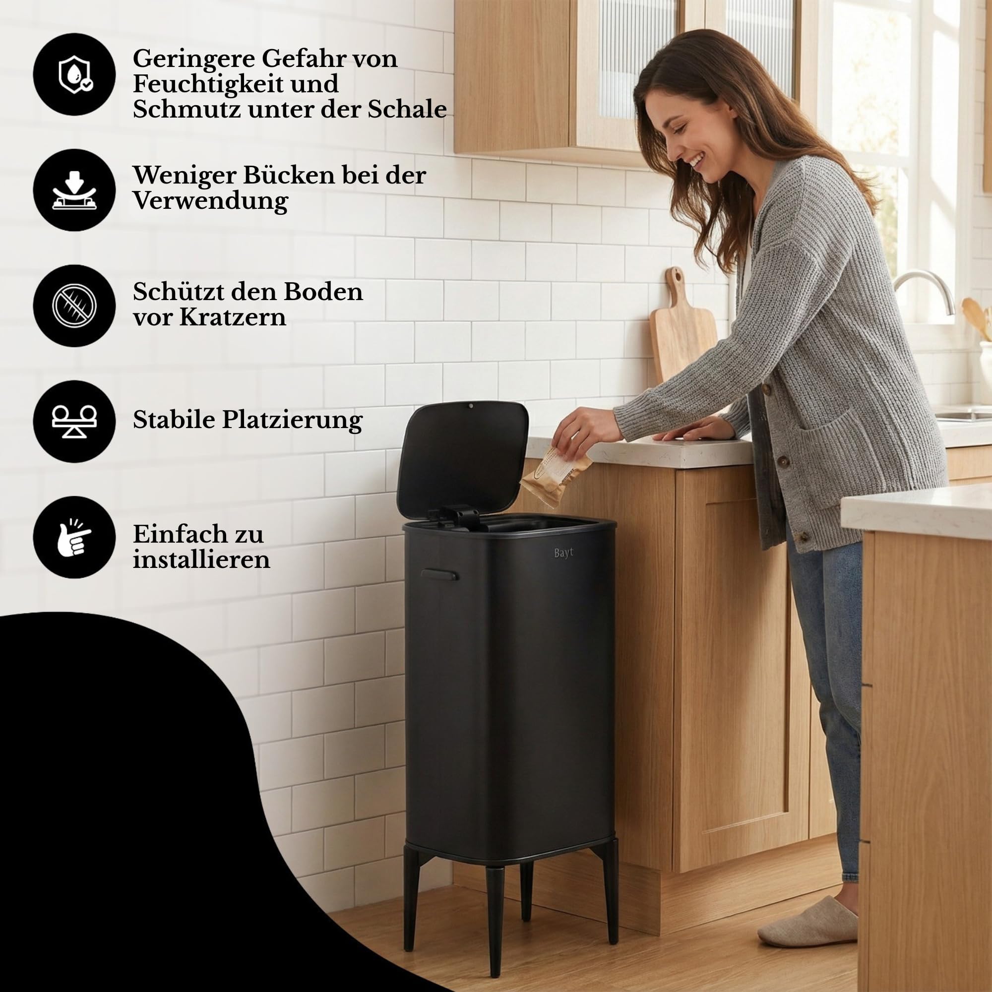 Bayt Abfalleimer mit stabilen Füßen - passend für 60L Müllbeutel - Automatischer Sensor-Mülleimer - Küchenmülleimer - Edelstahl - Schwarz