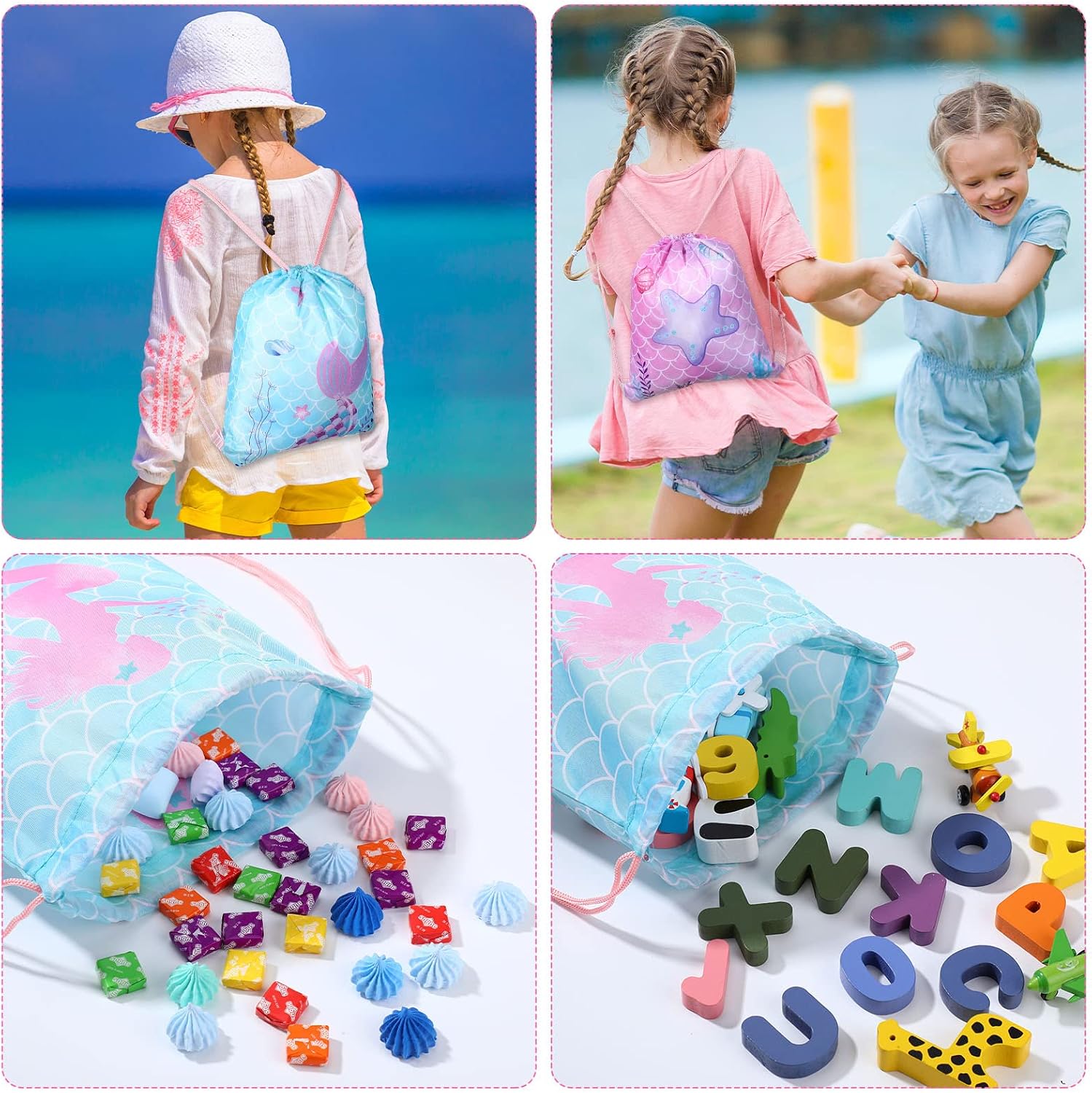Honoson 28 Pieces Mermaid Party Goodie Bags for Kids Mermaid Theme Drawstring Backpack Favor Bags Under The Sea Treat Candy Gift Bags for Girls Mermaid Birthday Party Baby Shower Supplies