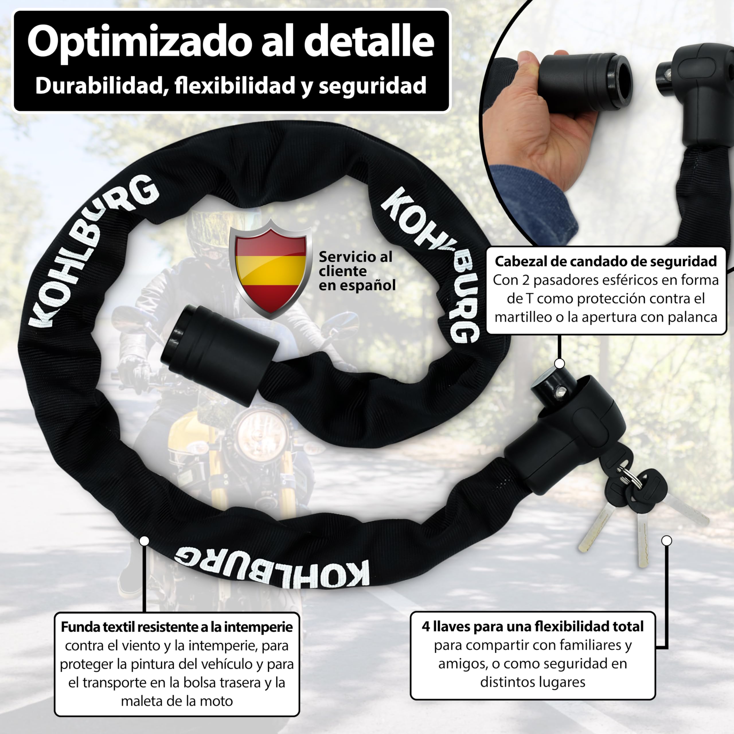 KOHLBURG Antirrobo de cadena maciza 125 cm [Resistente a cortapernos] Nivel de seguridad máximo 15 – Para moto scooter bicicleta eléctrica patinete eléctrico y bicicleta – Alta seguridad para 2 ruedas