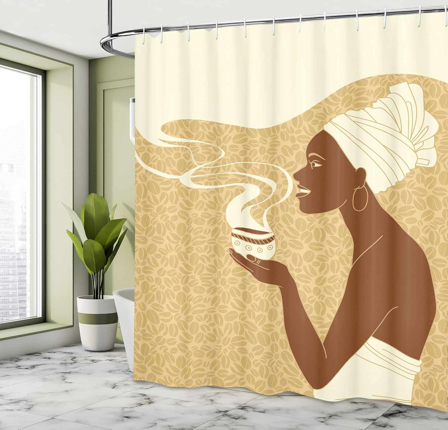 Ambesonne African Shower Curtain, Smiling Happy Afro Lady with Hot Coffee Cup Cocoa Vintage, Cloth Fabric Bathroom Decor Set with Hooks, 69" W x 70" L, Brown Pale Brown Cream