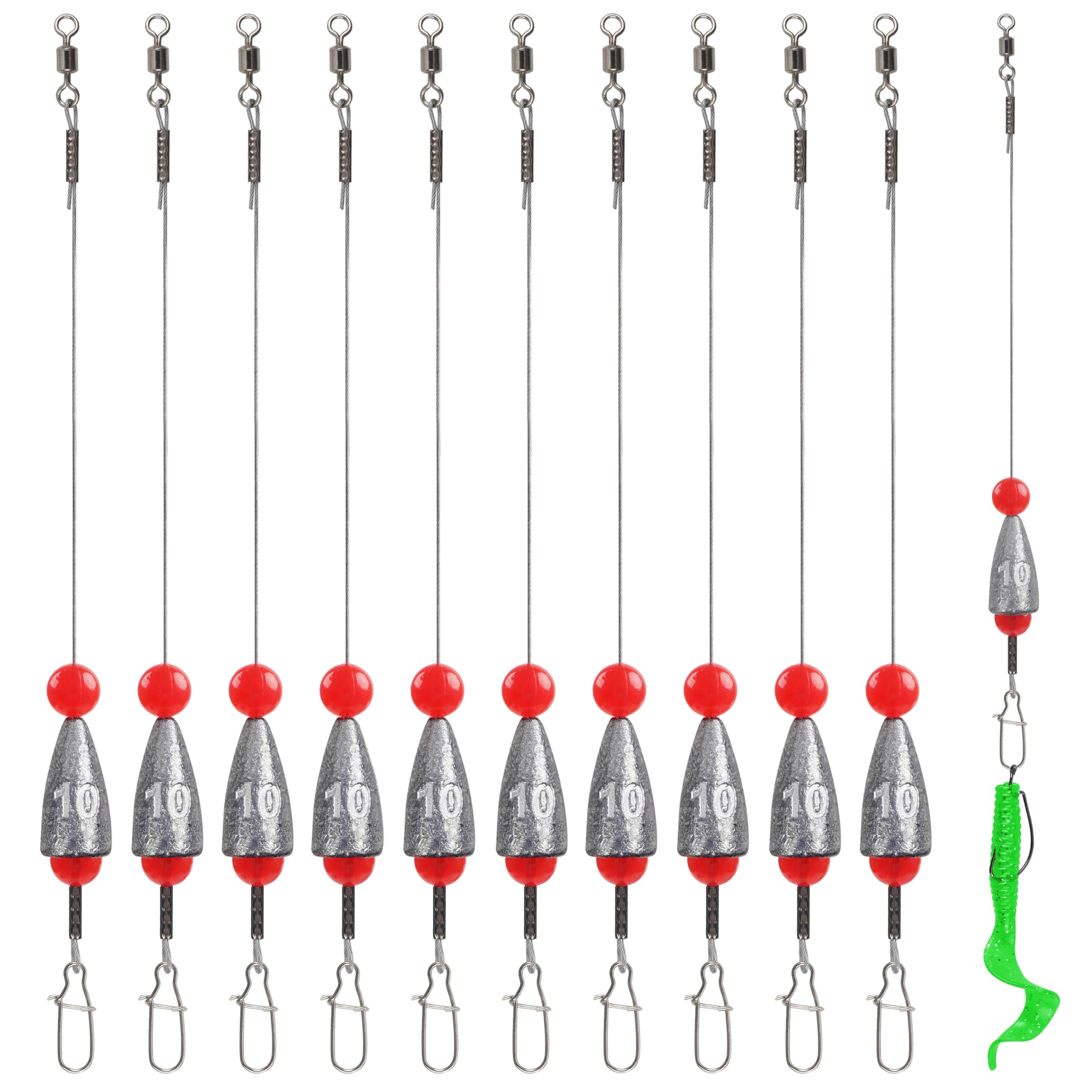 OROOTL Carolina Rigs for Fishing, 10pcs Pre Rigged Carolina Ready Rigs Steel Leaders with Bullet Fishing Weights Carolina Rigs for Bass Walleye Trout Fishing 3/8oz 1/2oz 3/4oz