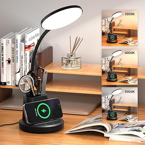 Lámpara de escritorio Vicsoon con cargador inalámbrico, lámpara de escritorio LED para oficina en casa con soporte para bolígrafo, luz de escritorio