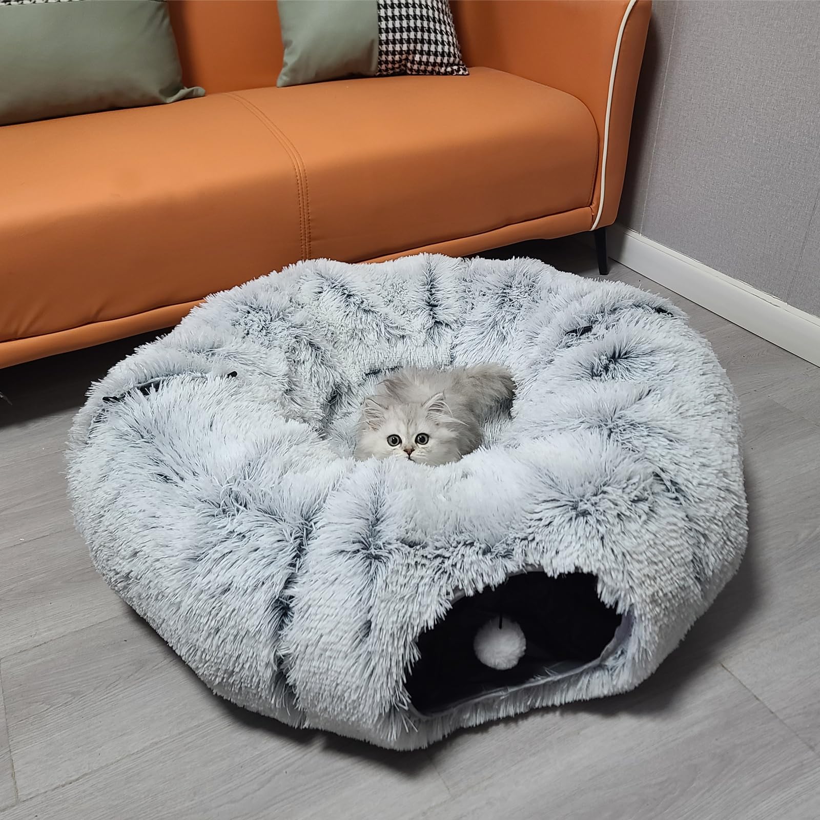 Pawtenda Túneles para gatos de interior, cama de túnel de felpa para gatos, cama de dona para jugar, juguetes multifuncionales para relajarse
