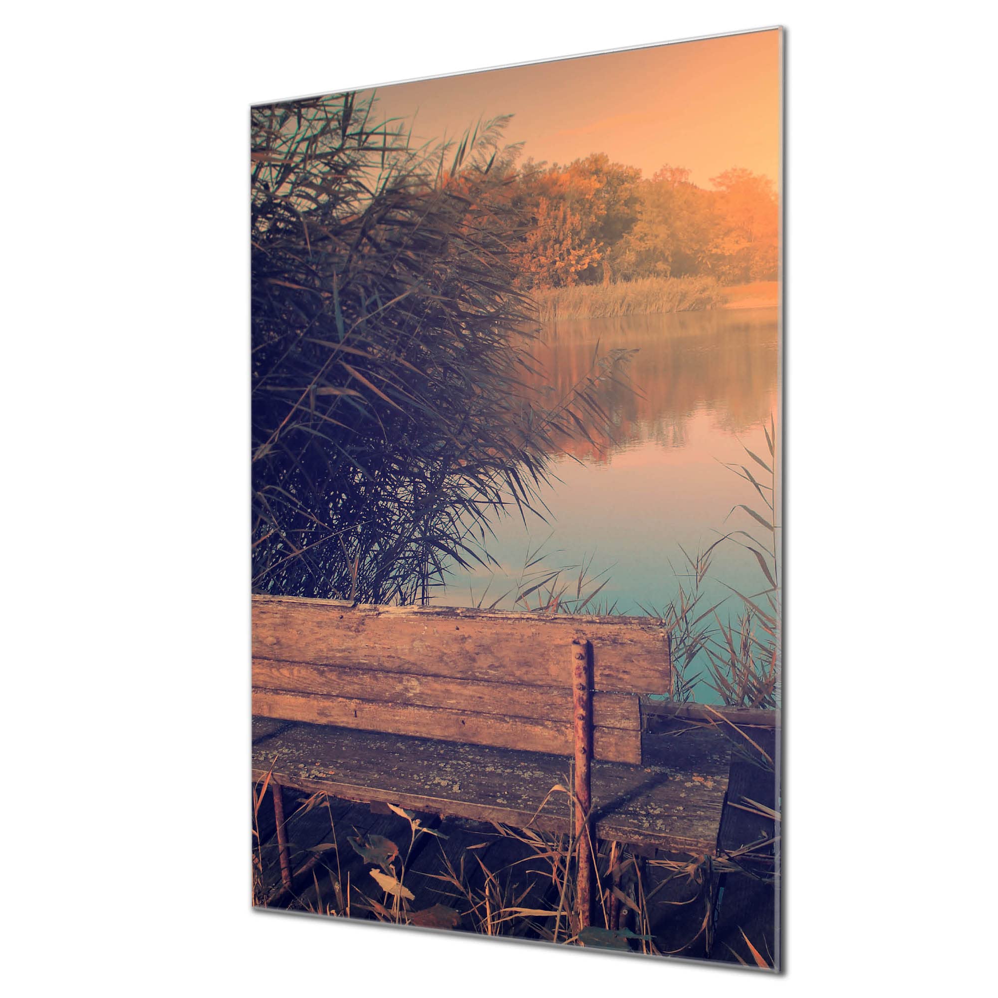 banjado Glas Magnetwand 60x90 mit Waldmotiv für Notizen, beschreibbar | Natürliches Magnetboard für Alltag und Planung, mit Motiv Bank Am See aus Wald und Natur