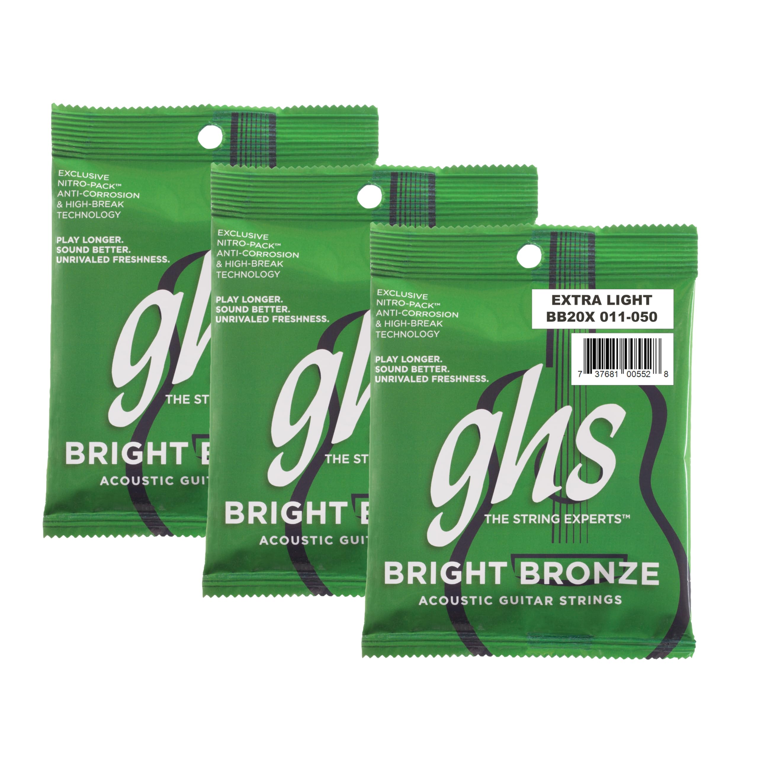 Bright Bronze Acoustic Guitar Strings – Extra Light Gauge 11-50 (BB20X Set) - 80/20 Bronze Copper-Zinc Alloy, Bright Tone, Extra Clarity, Long-Lasting Guitar Strings – Pack of 3