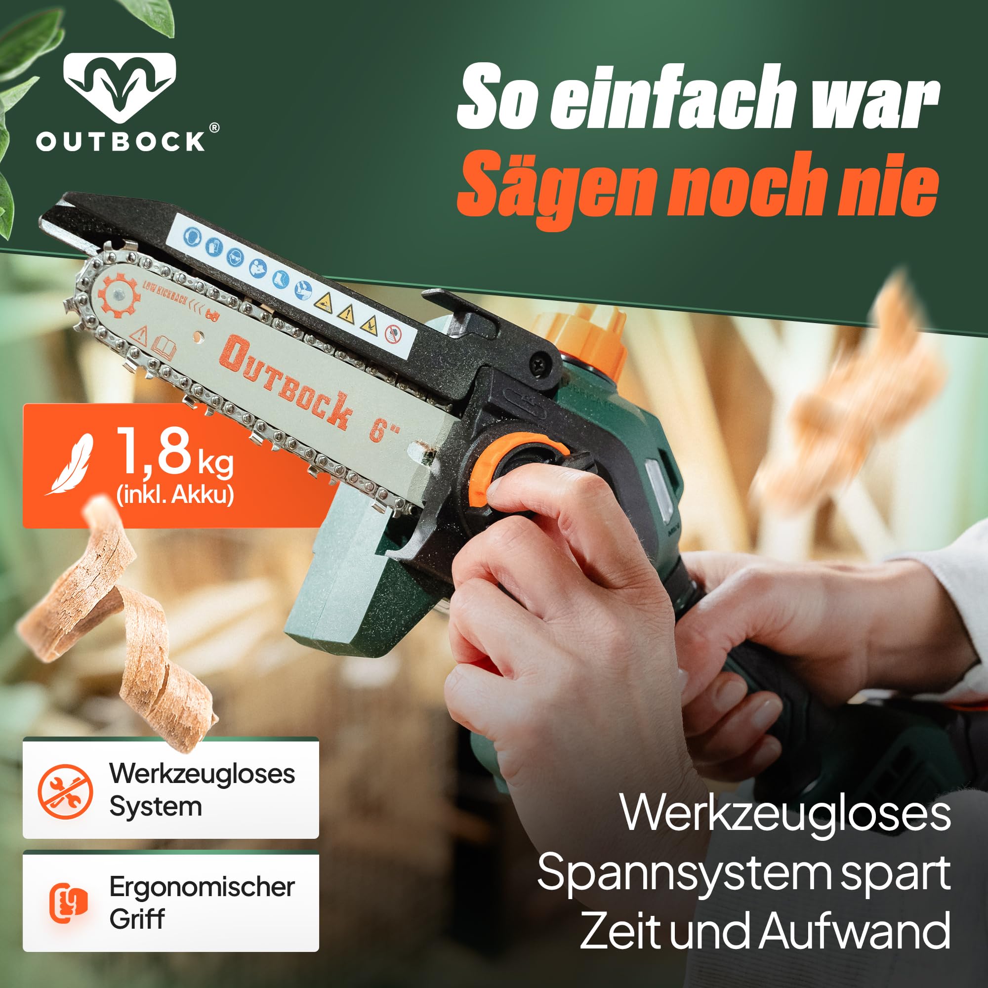 Mini Kettensäge Akku mit 2x 2.0 Ah Akkus | TÜV-Zertifizierte Einhand Kettensäge | Handkettensäge inkl. Schnelllader & Koffer | Automatische Kettenschmierung | Akku Astsäge für Gartenarbeit
