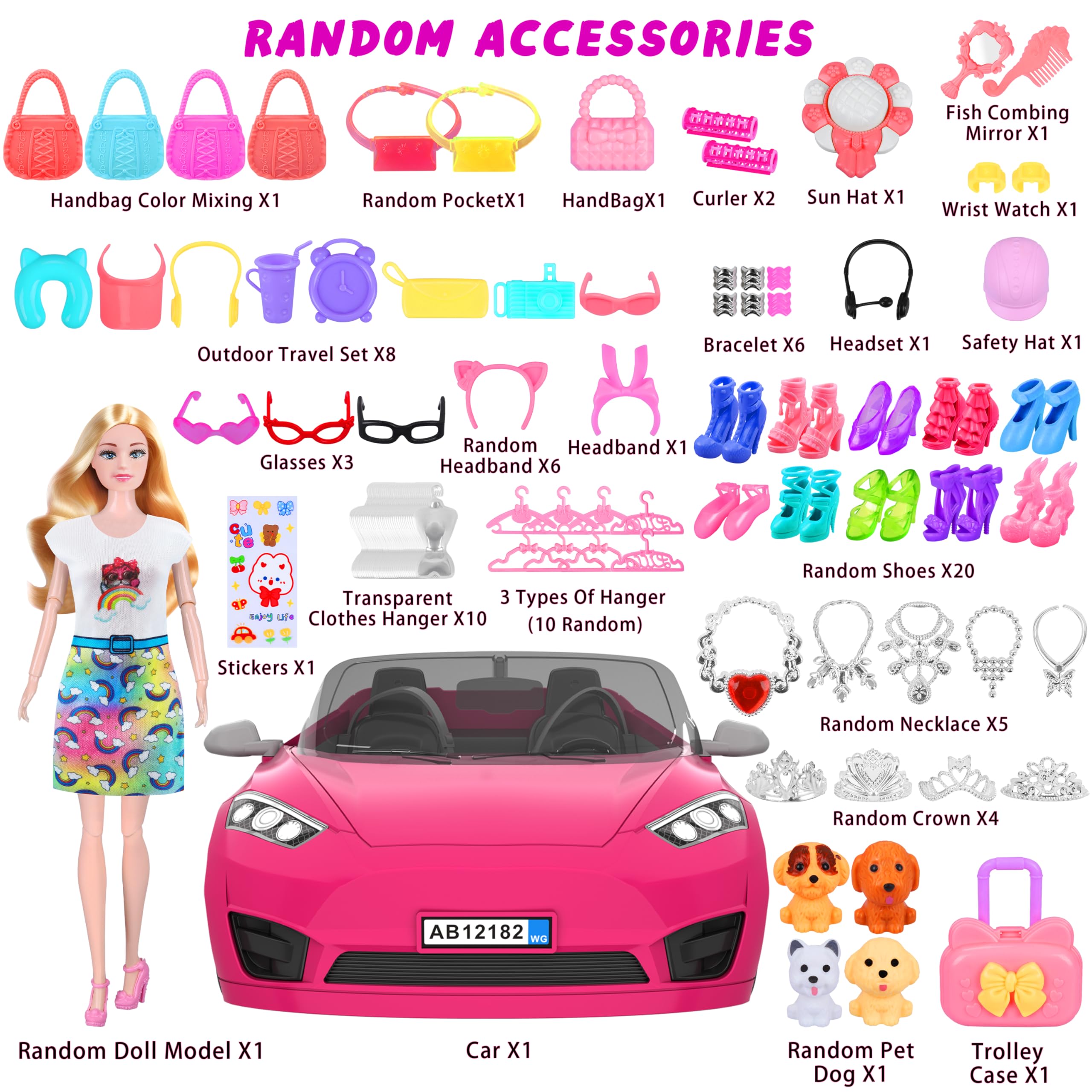 Juego de 91 piezas de automóvil convertible para muñecas, ropa y accesorios para muñecas, juguetes de vestir para niñas, niños pequeños, juguetes de regalo para edades de 3, 4, 5, 6, 7, 8 6