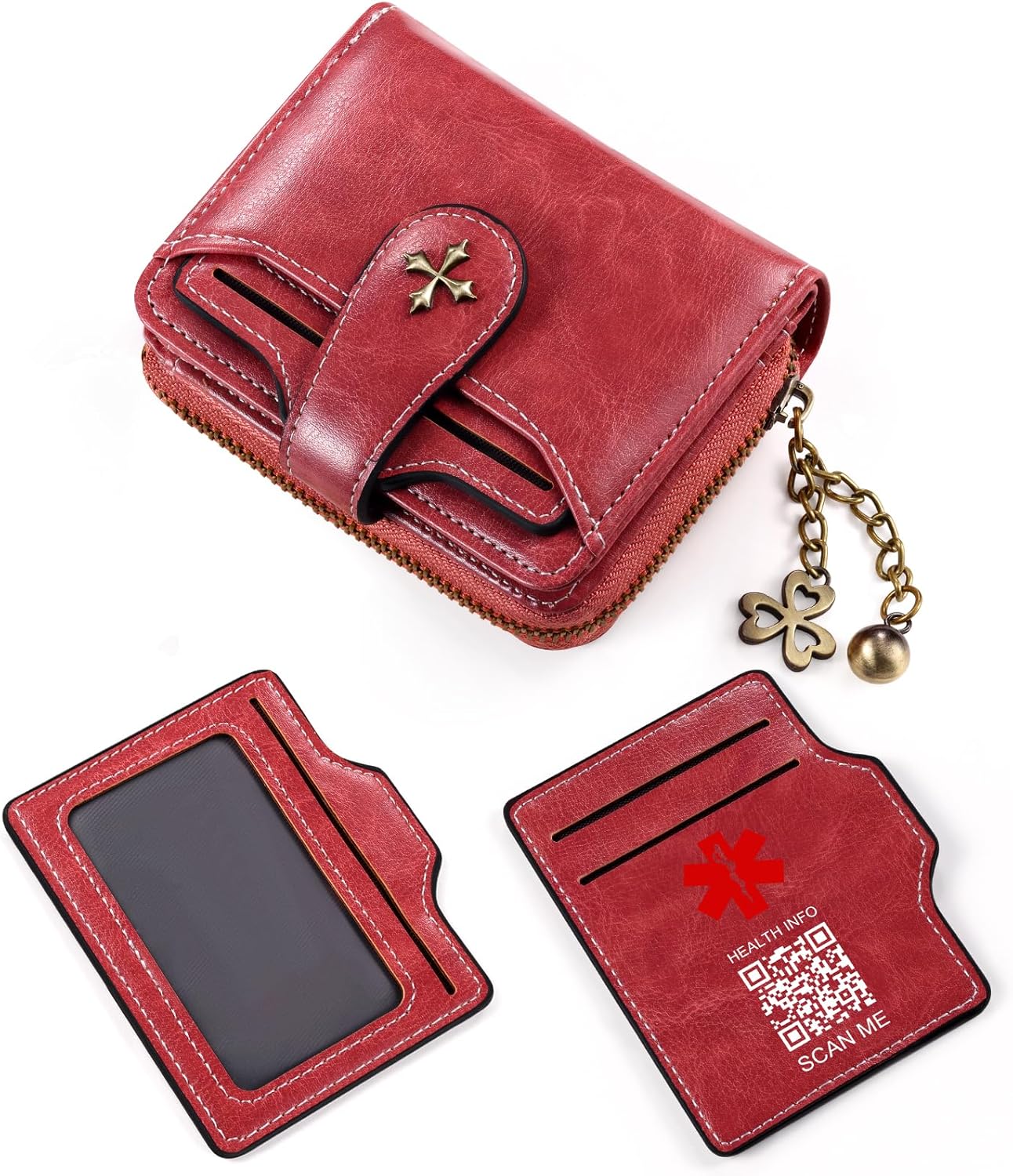 Small Wallets for Women with Chain Zipper Coin Pocket - Leather Bifold Card Holder Women Wallet with Set of 8 RFID Blocking Sleeves - Built-in Medical Alert QR Code for Custom Health Profile