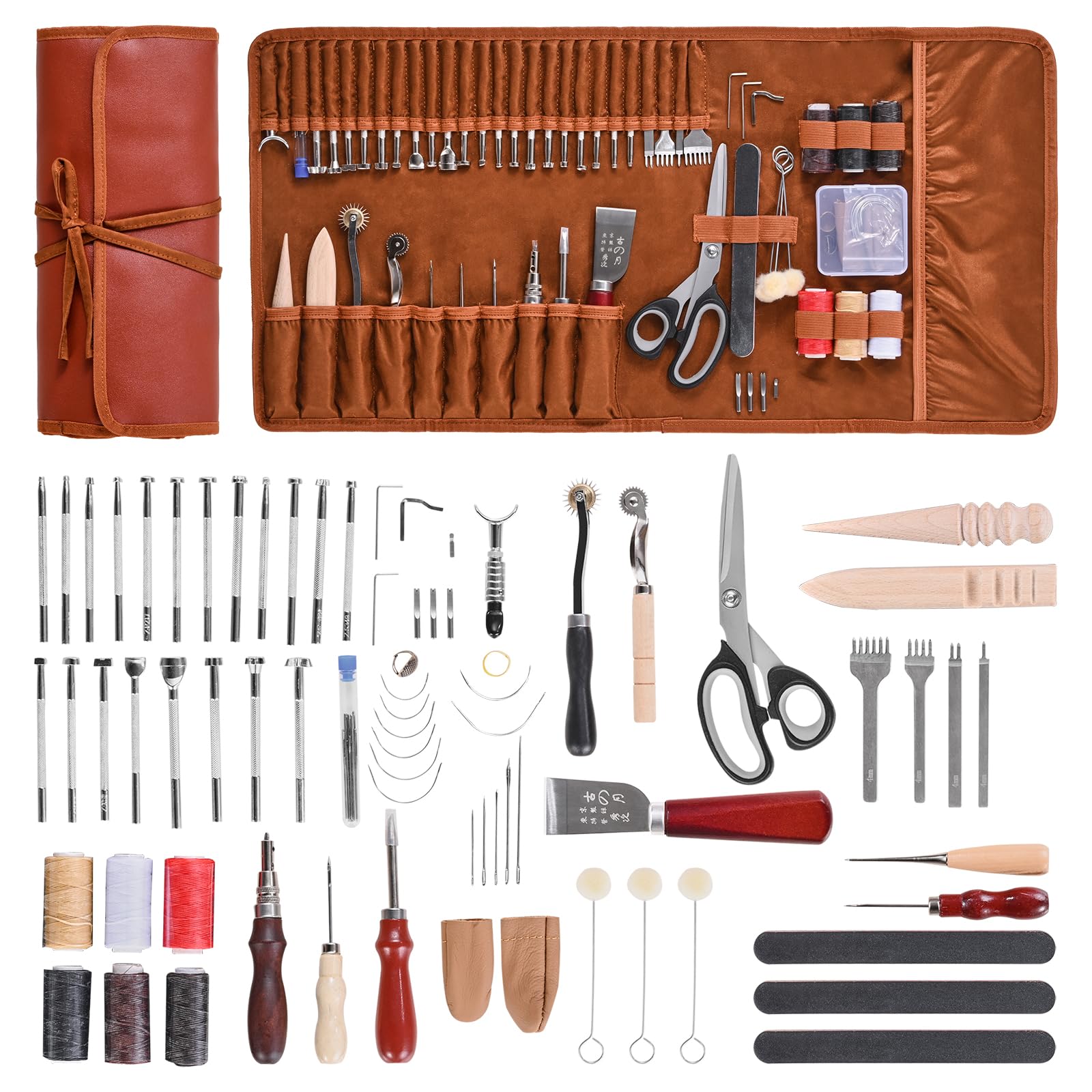 VEVOR Kit di Utensili per Lavorazione della Pelle, 72 Pezzi, Utensili per l'Artigianato della Pelle con Borsa Portaoggetti Portatile, per Incisione, Punzonatura, Cucito, Timbratura e Levigatura
