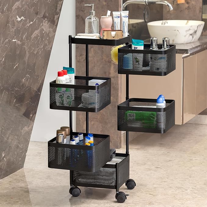 Kitchenwell Metal Multi-Purpose Trolley Storage Organizer and Kitchen Accessories Items for Kitchen Storage Rack Square Design Fruits & Vegetable Onion Cutlery (Matt Black, 5 Layer Drawer)
