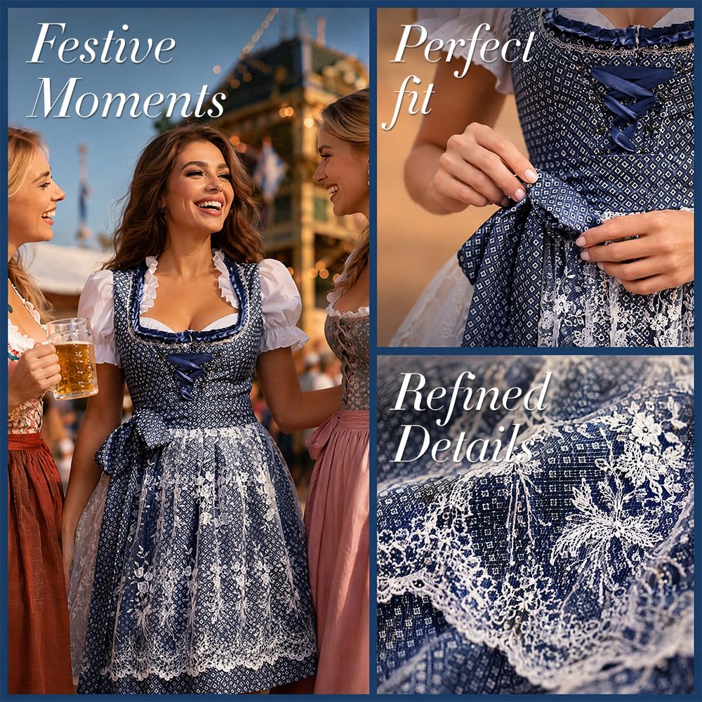 Foreverup 4tlg Dirndl Damen midi Trachtenkleid,Dirndlkleid Trachtenrock