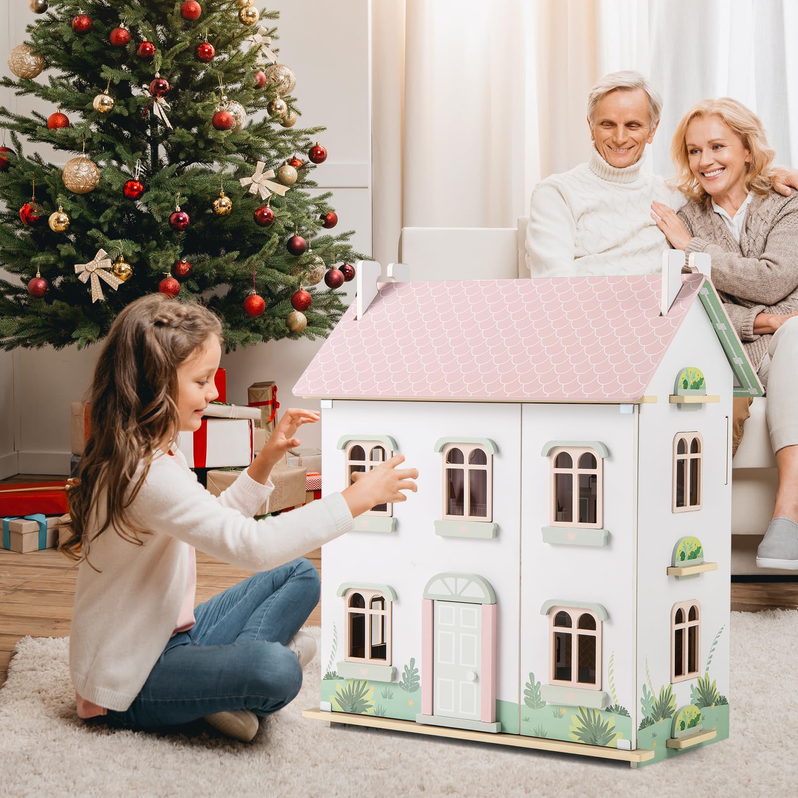 HOMASIS Casa delle Bambole per Bambini a 3 Piani, Casa da Sogno per Bambole in Legno con Mobili, Accessori, Tetti a Doppia Faccia, Villa delle Bambole di 3+ Anni, 55 x 33,5 x 66 cm, Rosa