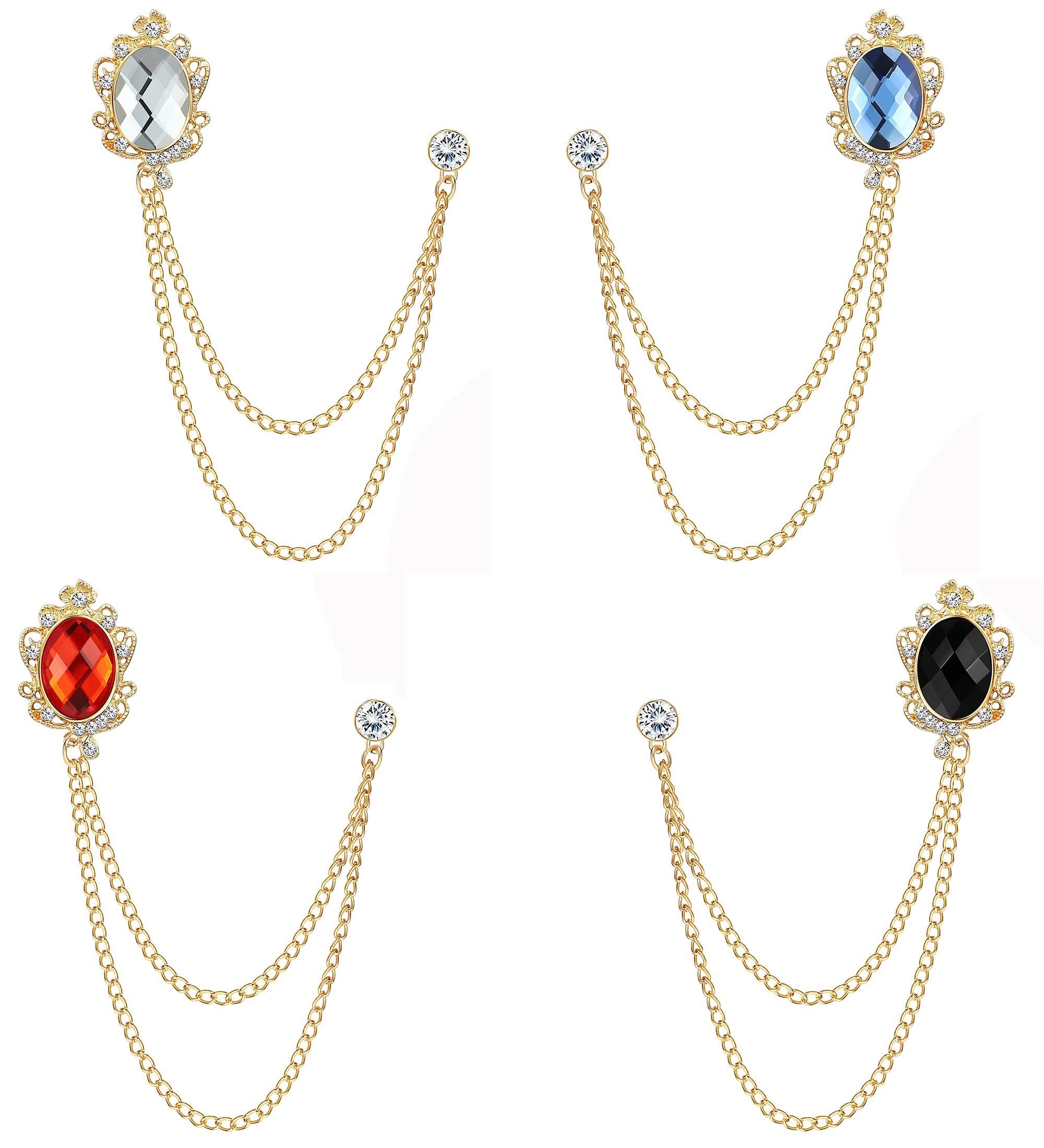 Brooch Lapel Pin Chain for Men Collar Pins Badge Hanging Chains for Shirts Gem Tie Pins for Women Men Suit Accessories (4 Pcs)