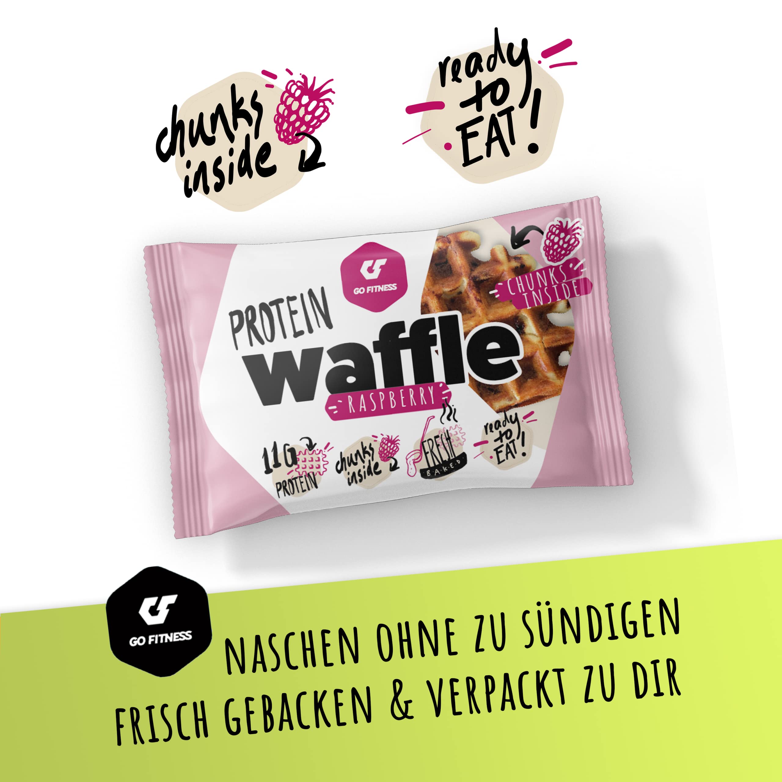 NEUE REZEPTUR - Go Fitness – [12x 50g] High Protein Waffeln – Himbeere - Waffeln extrem lecker und frisch gebacken - gesunde Energieriegel zum Muskelaufbau - Eiweißriegel 11g Protein