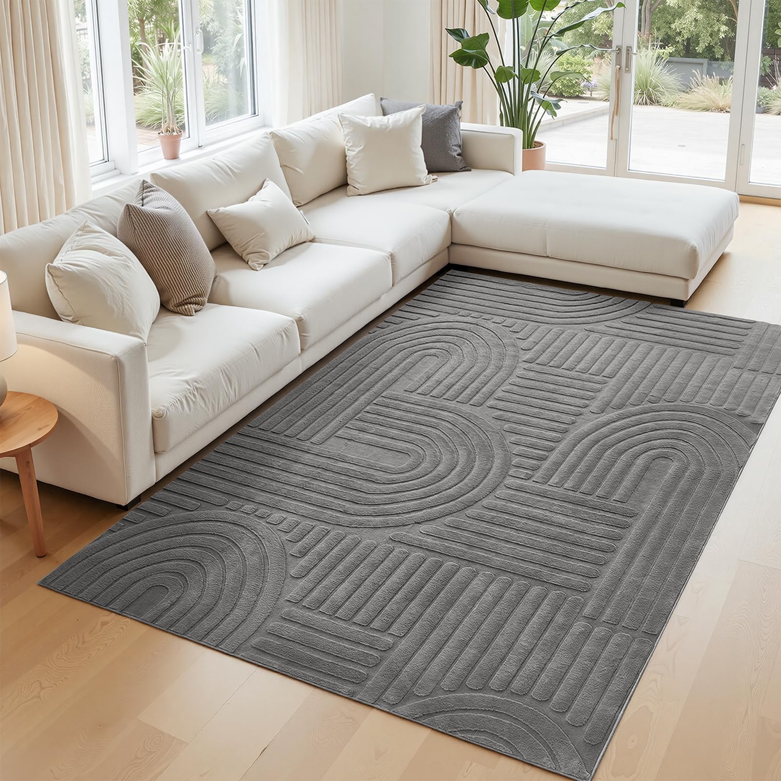 Topfinel Tappeto Grigio Soggiorno 160x230 cm, Lavabile, Pelo Corto Moderno, Effetto Onda 3D, Morbido, Soffice, Antiscivolo, Effetto Pelliccia, per Camera Letto, Sala Pranzo, Bambini, Ufficio