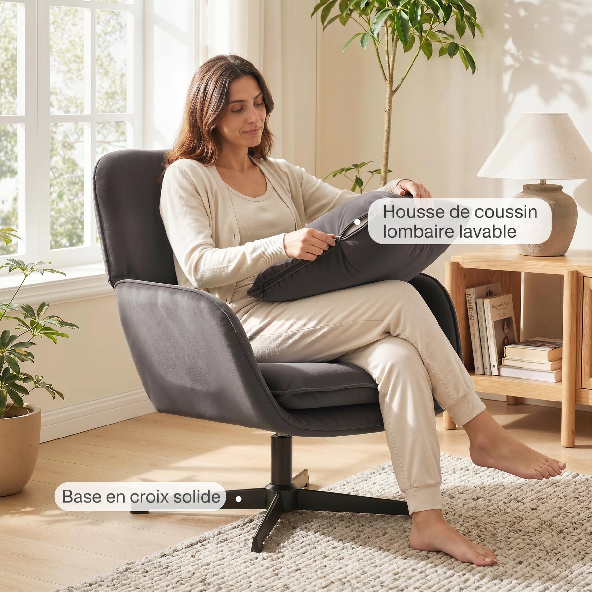 HOMCOM Sillón Giratorio de Terciopelo Asiento Ancho Gris Oscuro | Silla de acento, cojín, marco de metal, para sala de estar, dormitorio, rincón de lectura